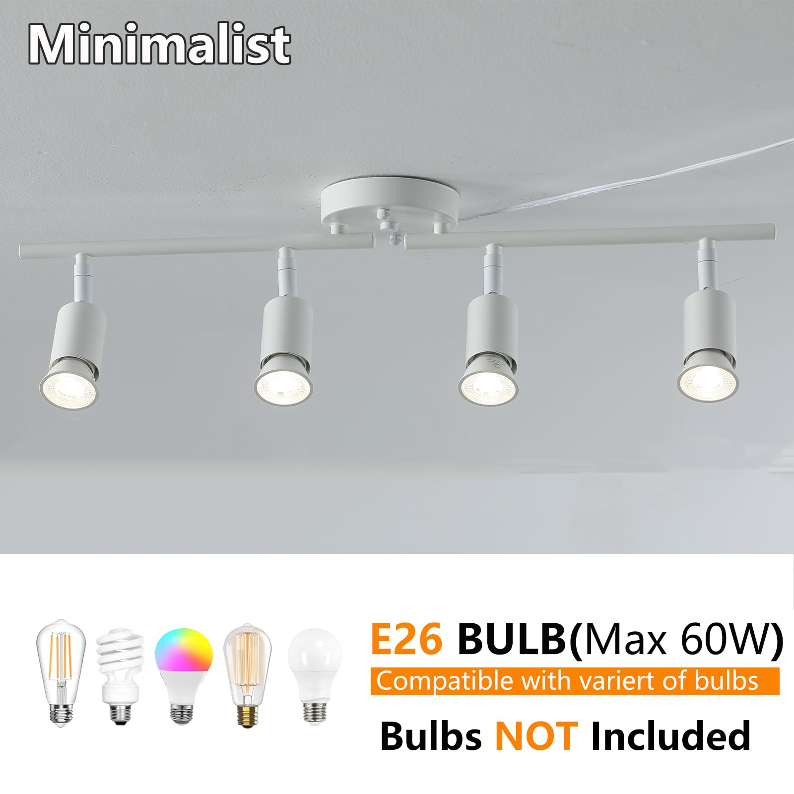 Vivihobb Plug In Track Light White 4 Light Plug In Ceiling Lighting Fixture With 16.4 Long Cord 4 Way Ceiling Spotlight Rotatable Wall Mount Light Head