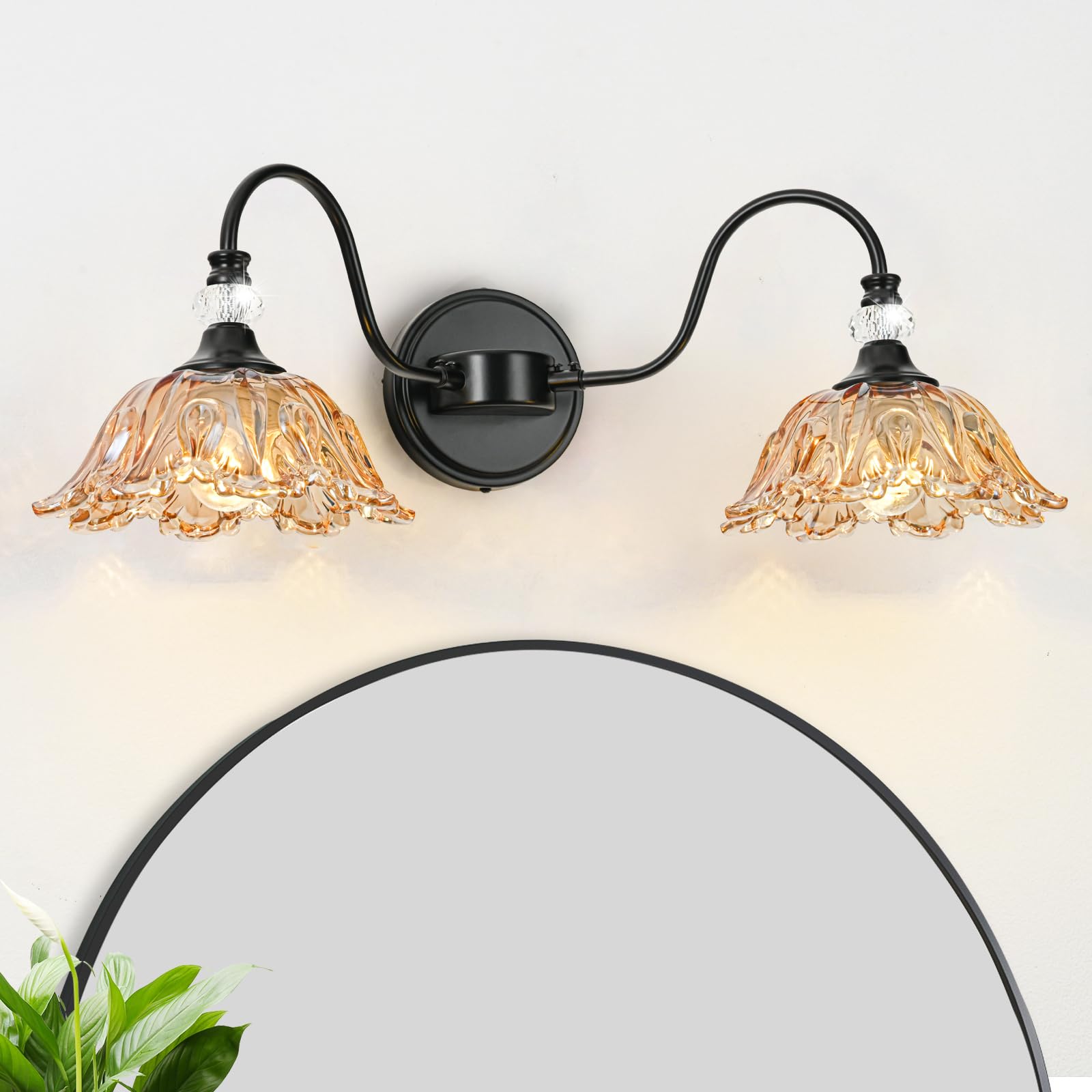 sunkryster 2-Light Black Bathroom Vanity Light with Floral Amber Glass Shades, Vintage Farmhouse Wall Mount, Model Sun-104AB-2-Black-Amber