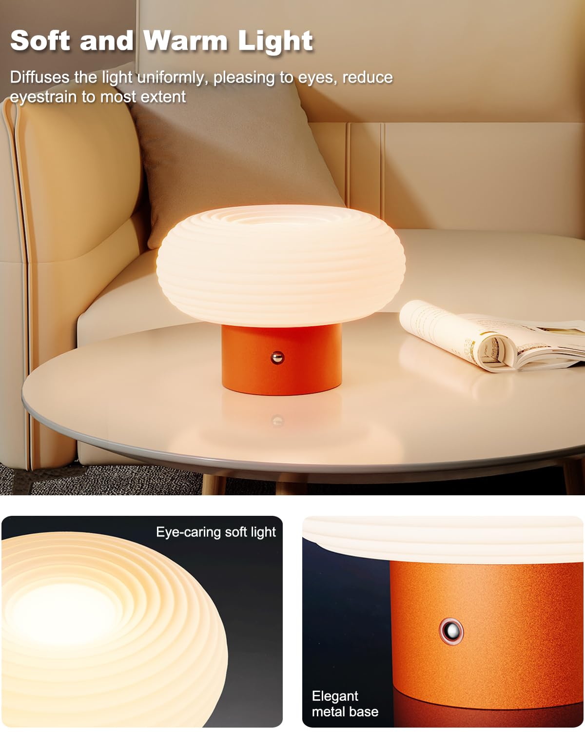 Fanhao Touch Bedside Table Lamp, Portable 4000Mah Cordless Rechargeable Mushroom Lamp For Bedroom Living Room Nightstand, 3-Colo