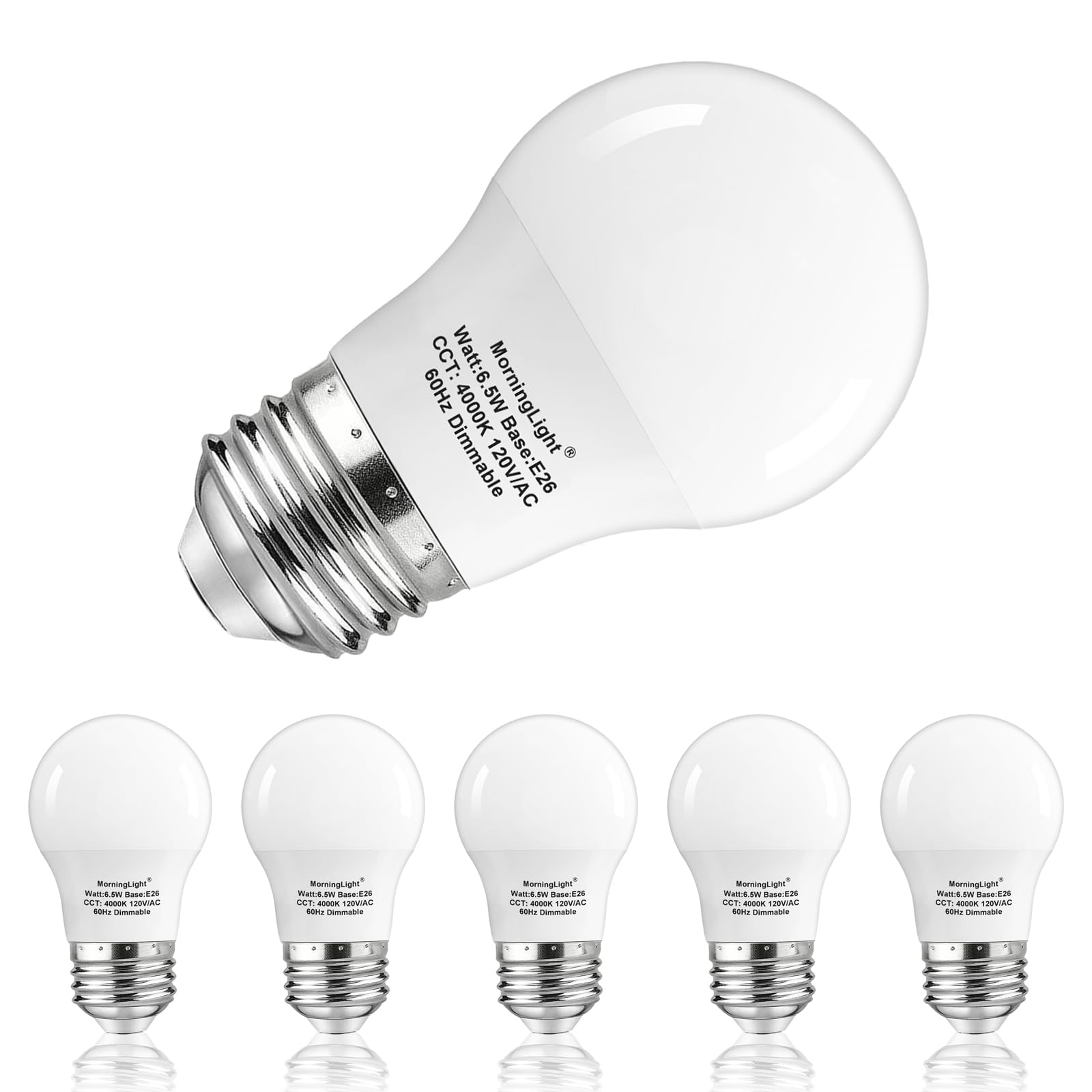 Morninglight 6 Pack A15 Led Bulbs Dimmable, 60Watt Equivalent, Neutral White 4000K, E26 Base, A15 Appliance Light Bulb 6.5W For 