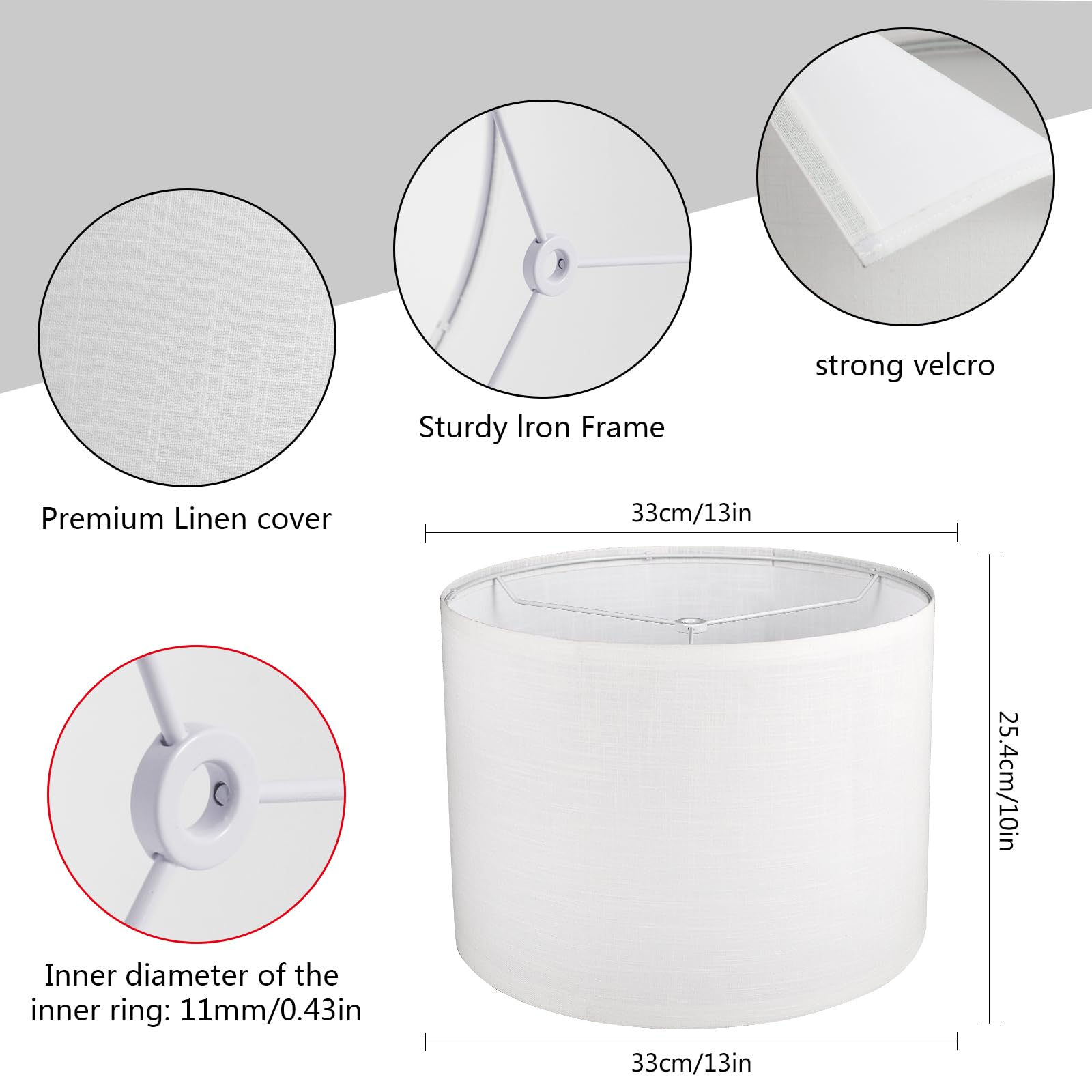 Drum Lamp Shades Set Of 2, White Line Lamp Shades For Table Lamps Floor Lamp, 13" Top X 13" Bottom X 10" High Large Fabric Lamp Shades, Easy Assembly Replacement Lampshades