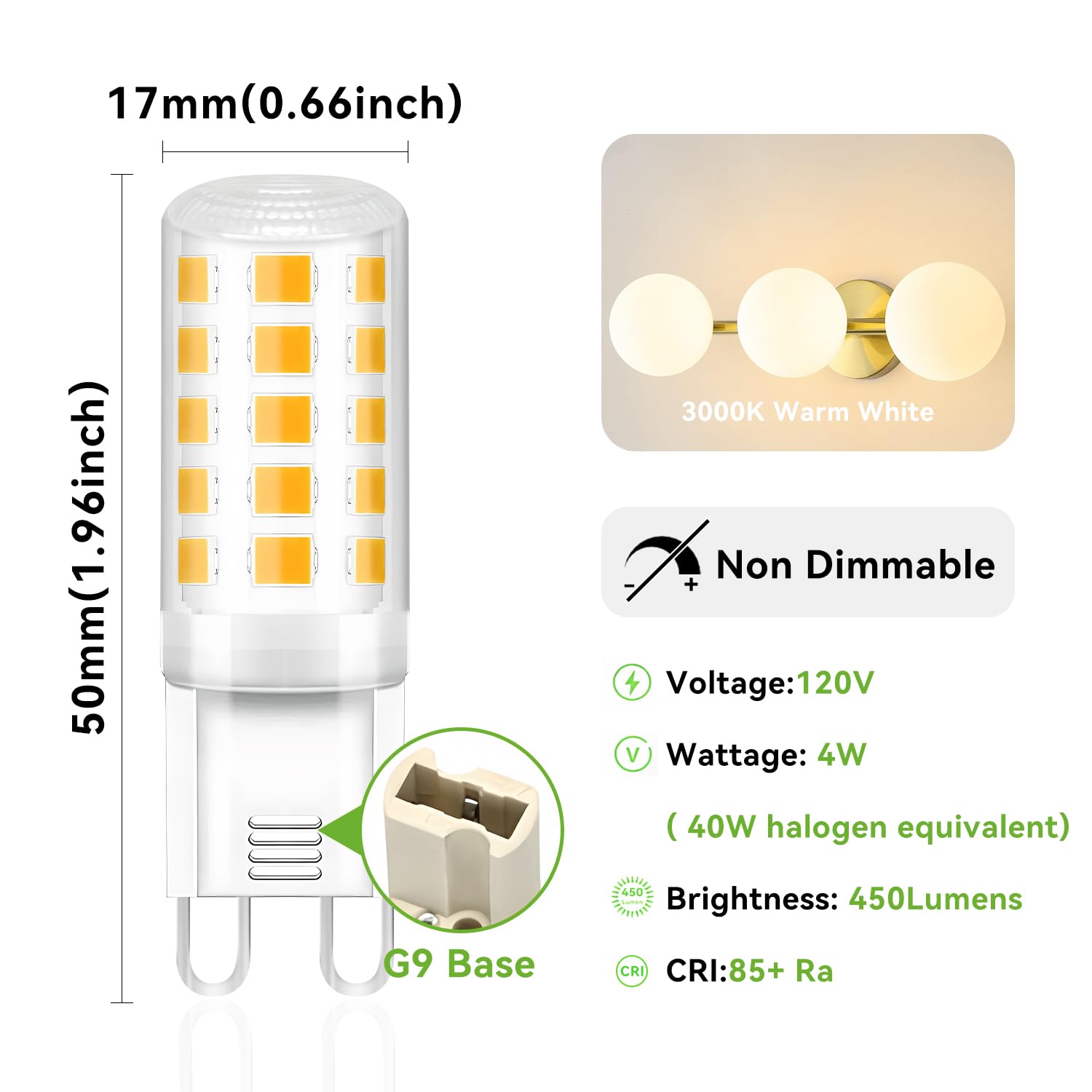 TJOY G9 LED Bulb 4W Equivalent 40W Halogen Replacement, 12 Pack, 3000K Soft Warm White, T4 Bi-pin Base, Non-dimmable