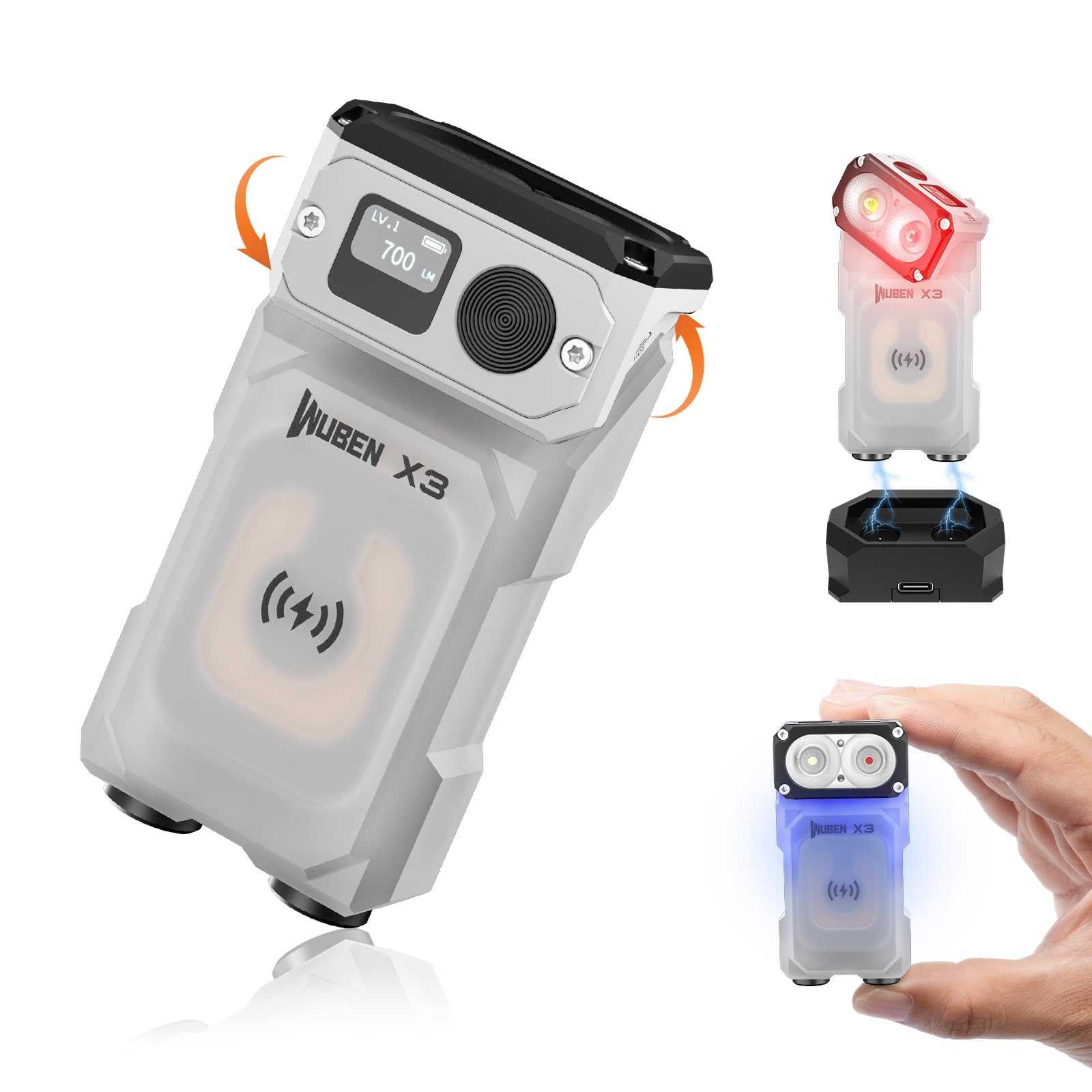 WUBEN X3 Mini Flashlight - 180° Rechargeable, IP65 Waterproof, 10 Modes, White X3 & Black Base, Compact Keychain Light for Camping & Outdoor Use