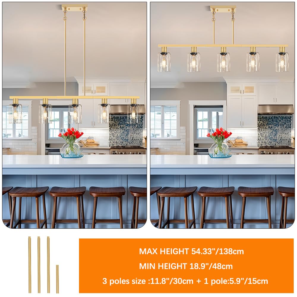 5-Light Kitchen Island Lighting Gold Adjustable Chandelier  Farmhouse Dining Room Light Fixtures Over Table  Height Adjustable Linear Pendant Light Fixture With Clear Glass Shade For Kitchen