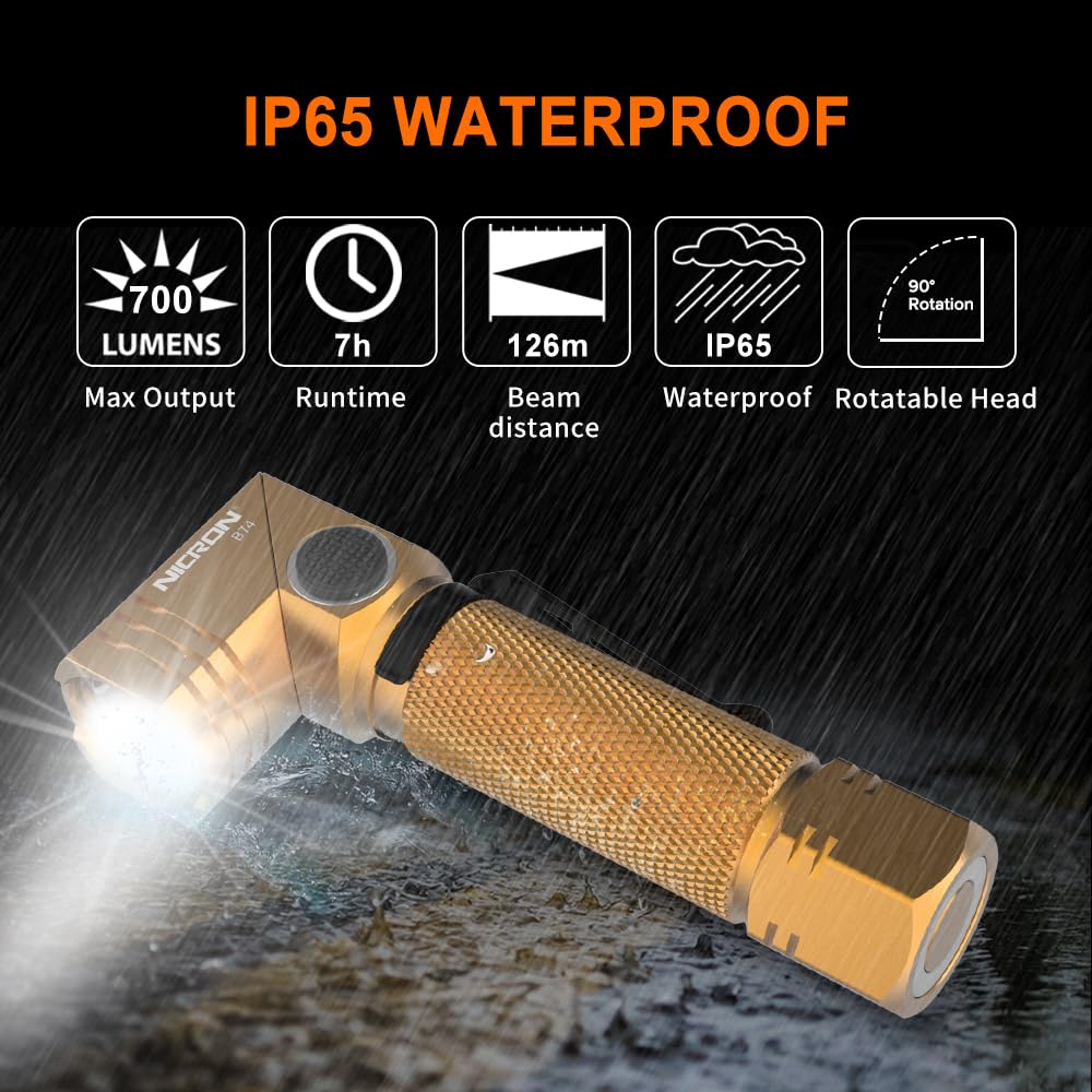 NICRON Flashlight 700 Lumens 90 Degree Rechargeable IP65 Waterproof LED Small Type Gold Model B74-gold
