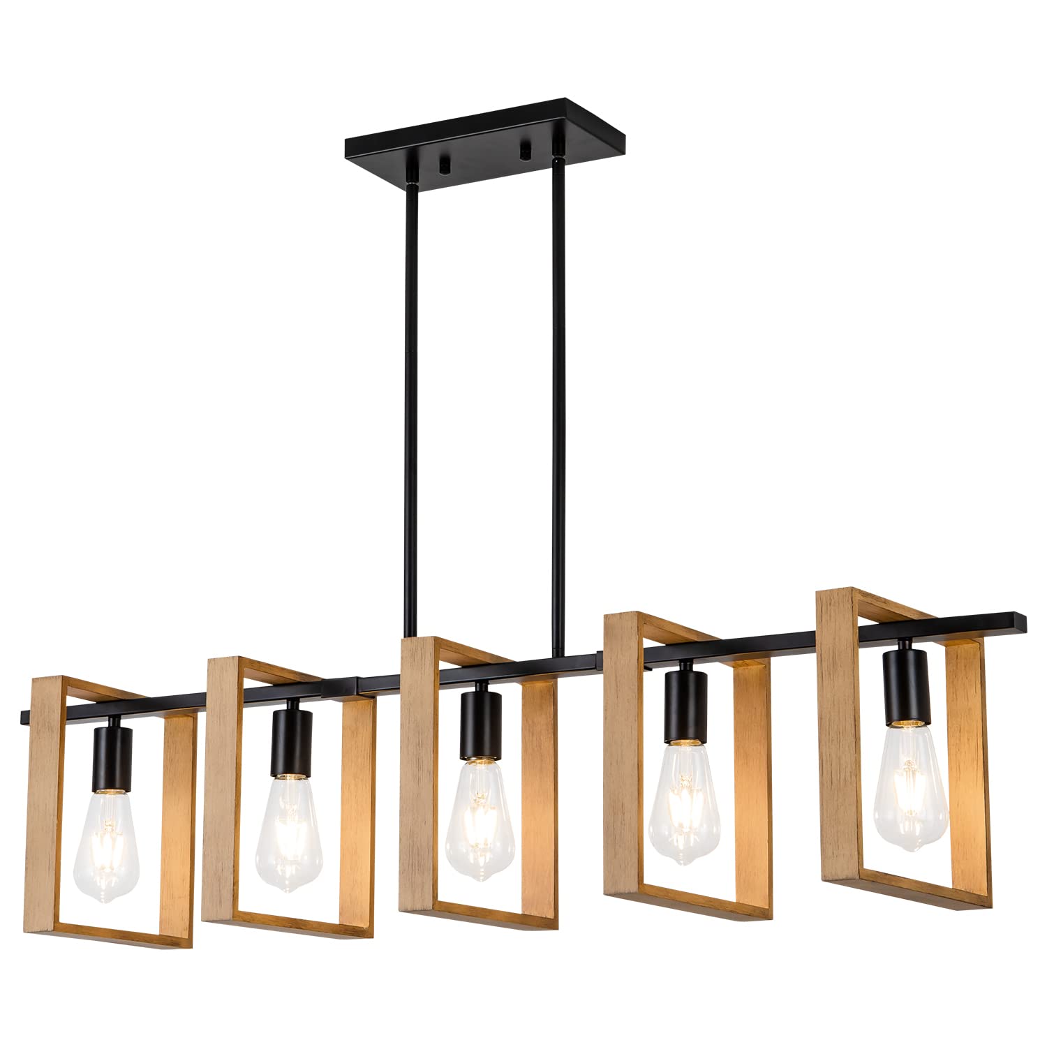 Poroulux Dining Room Chandelier Farmhouse Kitchen Island Lights Ceiling Hanging 5 Lights Wood And Black Light Fixture Rustic Pen