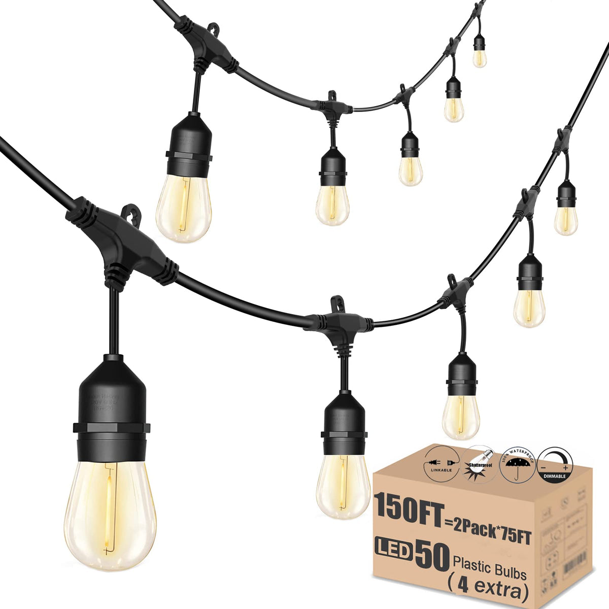 Meidaoduo Outdoor String Lights For Outside Led 150 Ft Shatterproof Patio Lights With 50 Waterproof Bulbs For Outdoor Backyard B