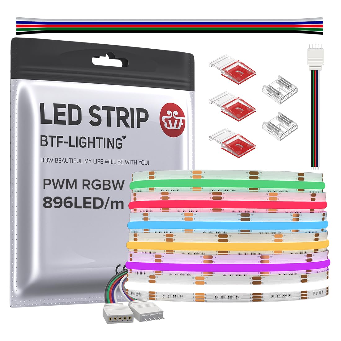 BTF-LIGHTING FCOB COB LED Strip RGBW 6500K 896LED/m 16.4FT DC12V Color Changing Flexible High Density Uniform Light 12mm Width f