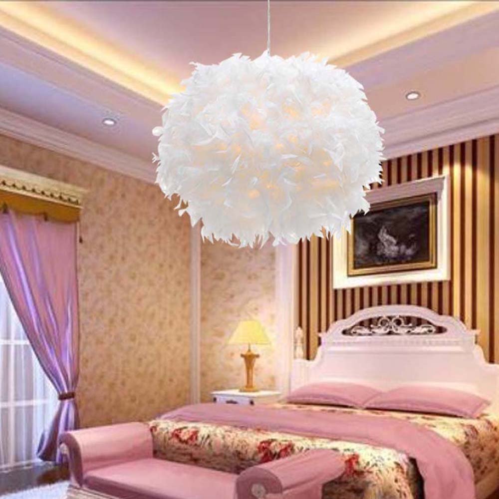 Surpars House Plug-in Pendant Light White Feather Chandelier with 14.8 Cord and On/Off Switch