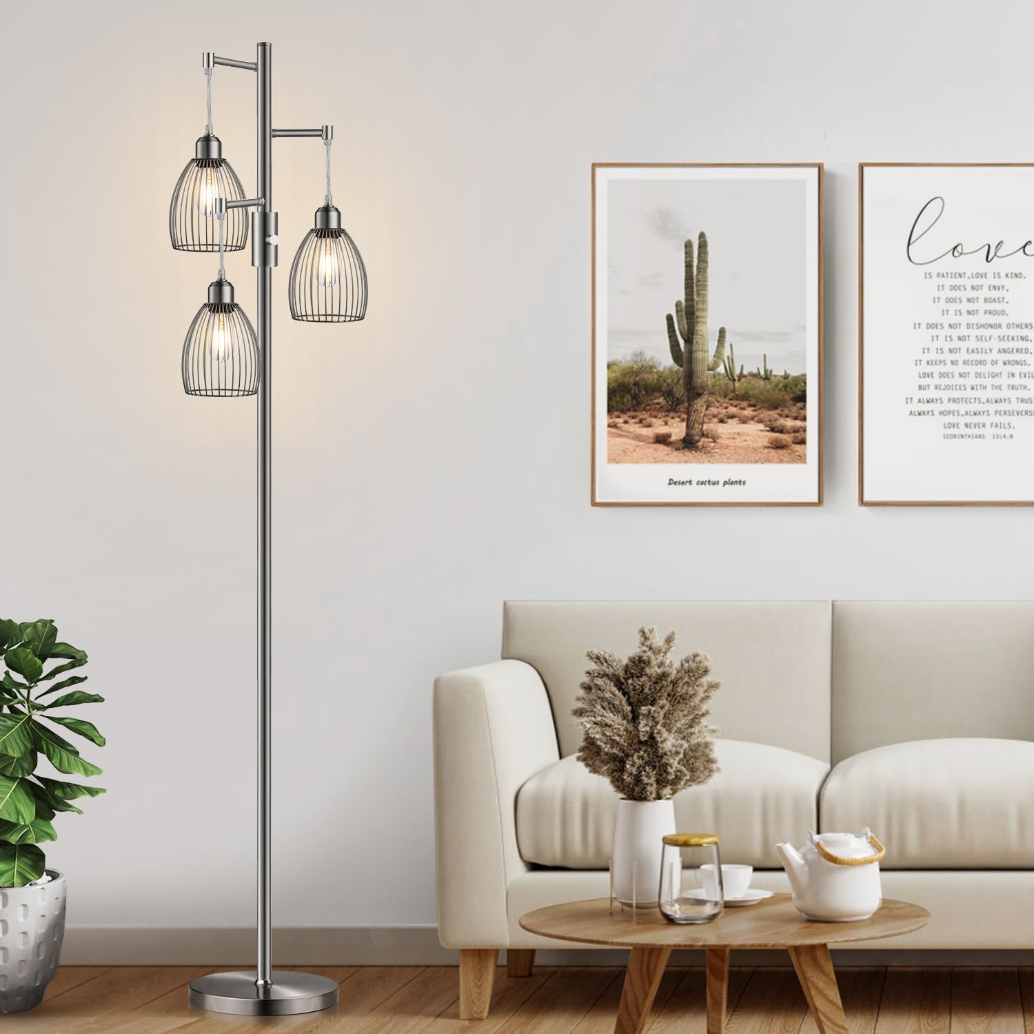 Dimmable Floor Lamp, Industrial Floor Lamps For Living Room, Brushed Nickel Tree Lamp Standing Lamp Tall Lamps With 3 Elegant Te