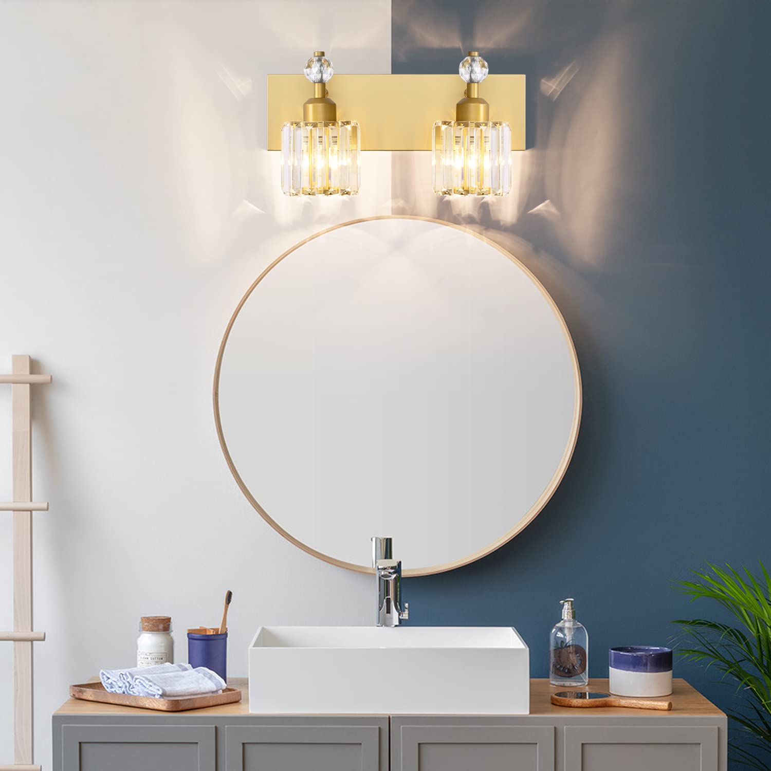 Presde Modern Chrome 2-Light Bathroom Vanity Light - Stainless Steel, Gold Finish, Over Mirror Sconce