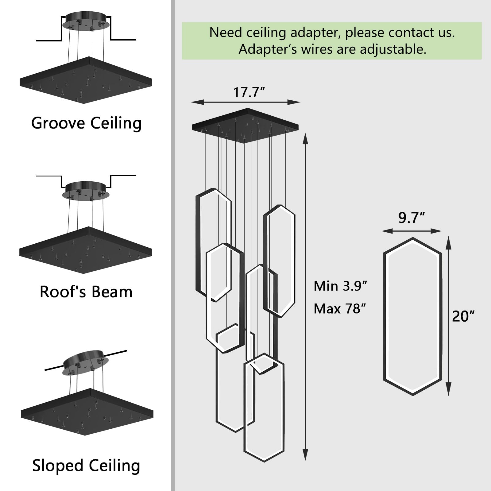 dolria Modern Chandelier LED Pendant Light, Dimmable, 20in x 9.4in, Black, Model PC1015-6*50B, Flush Mount for Foyer/L