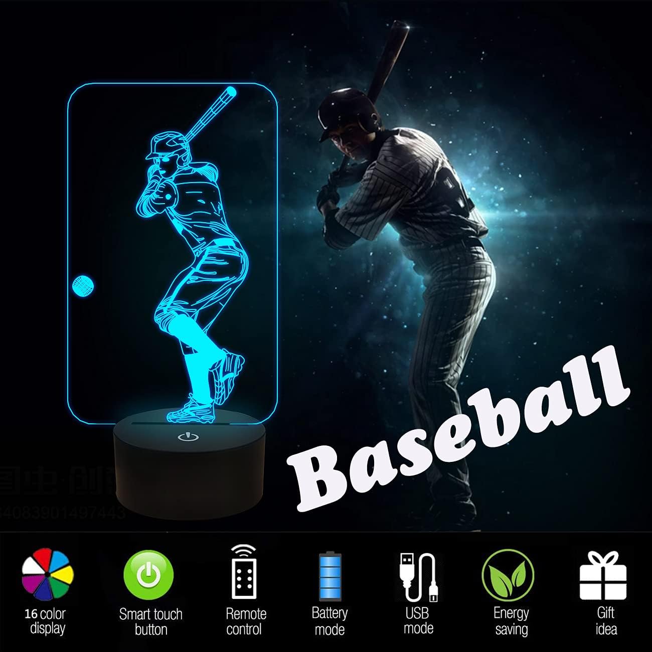 Baseball 3D Night Light - Batter Sport Gift With Remote Control, 16 Color Changing Modes + Dim Function