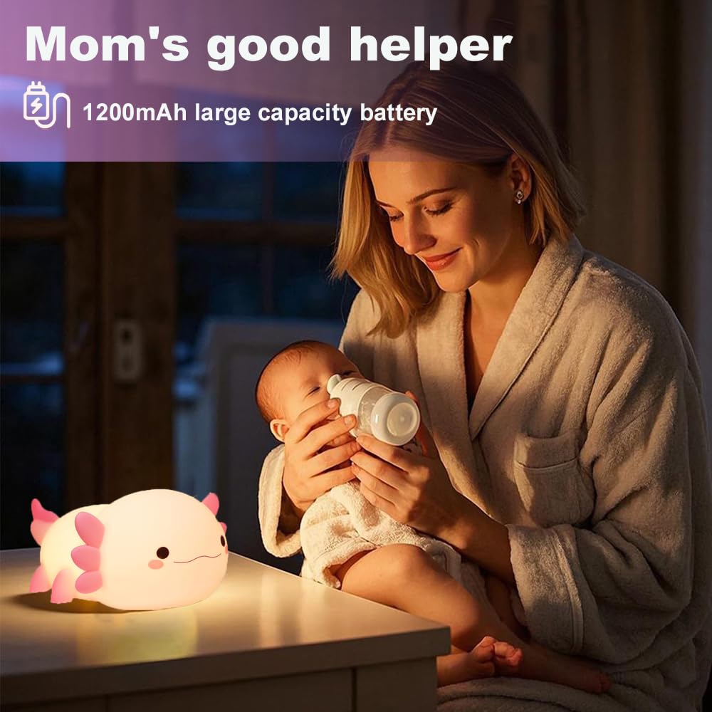 Cute Axolotl Night Light For Kids Bedroom, Animal Silicone Nursery Night Lamp Touch Control Nightlights Usb Rechargeable Bedside