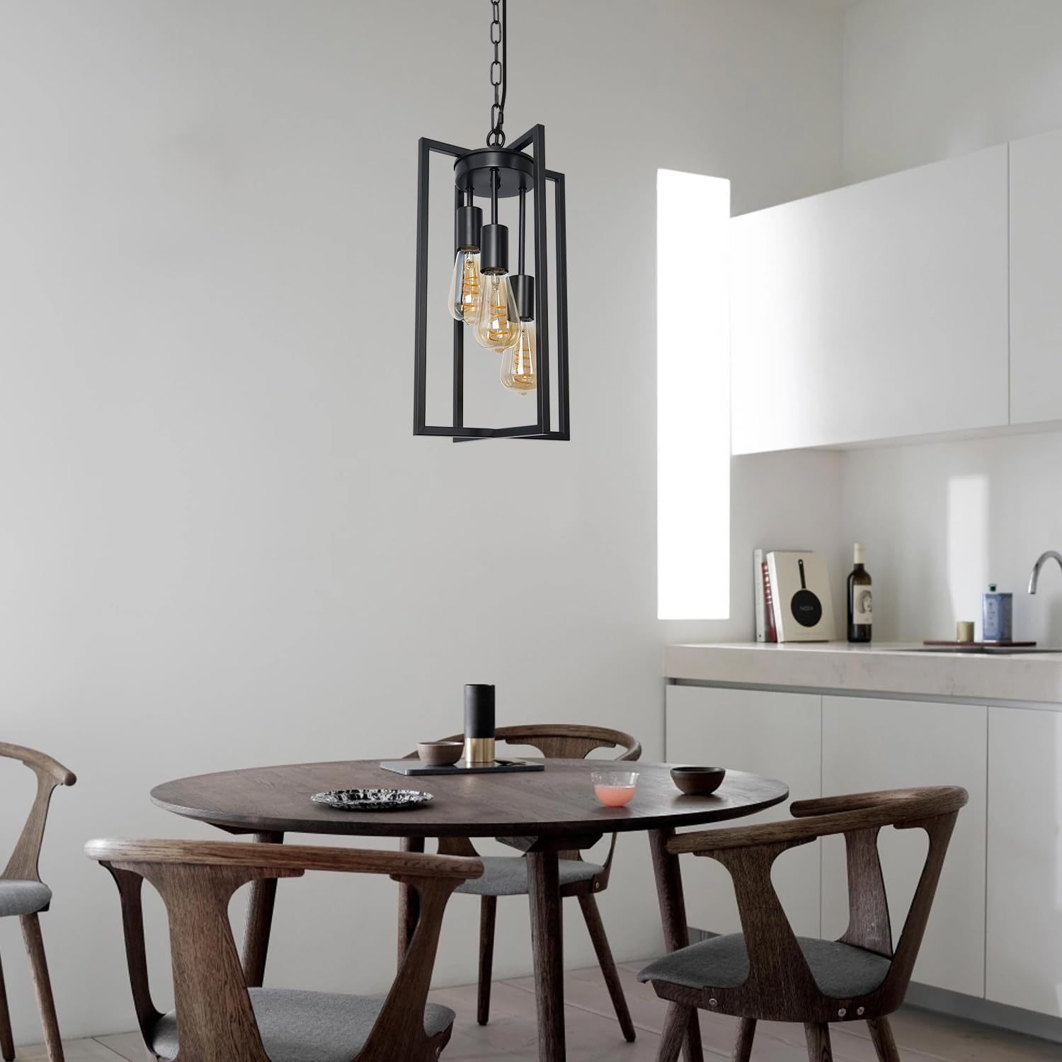 MIPAWS Modern Black Pendant Light Fixture, 3-Light Metal Cage Chandelier for Kitchen, Dining Room, Entryway