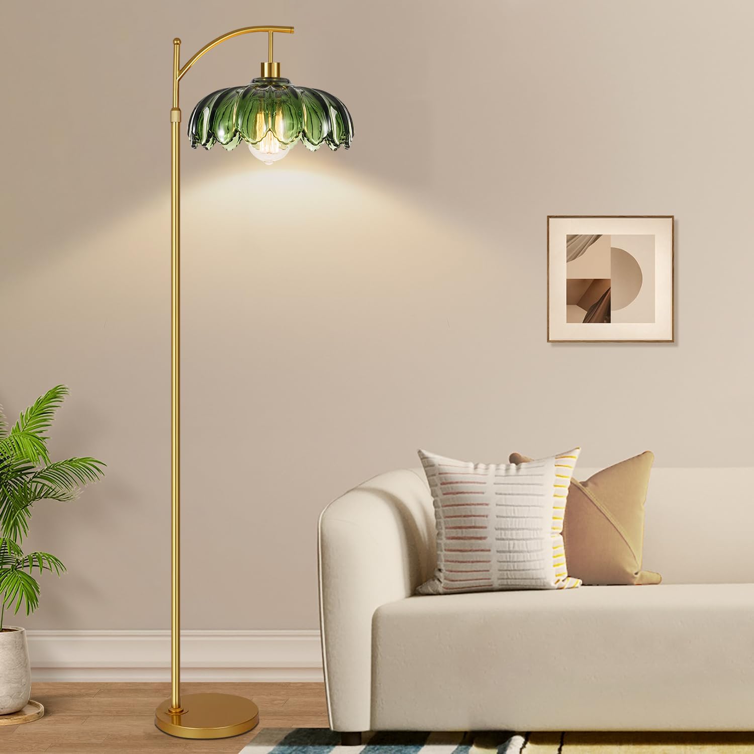 ZECOXOL Gold Arc Floor Lamp with Remote Control, 3 Color Temperatures, Dimmable Rattan Shades, 12.2 inch Tall for Living Room & Bedroom