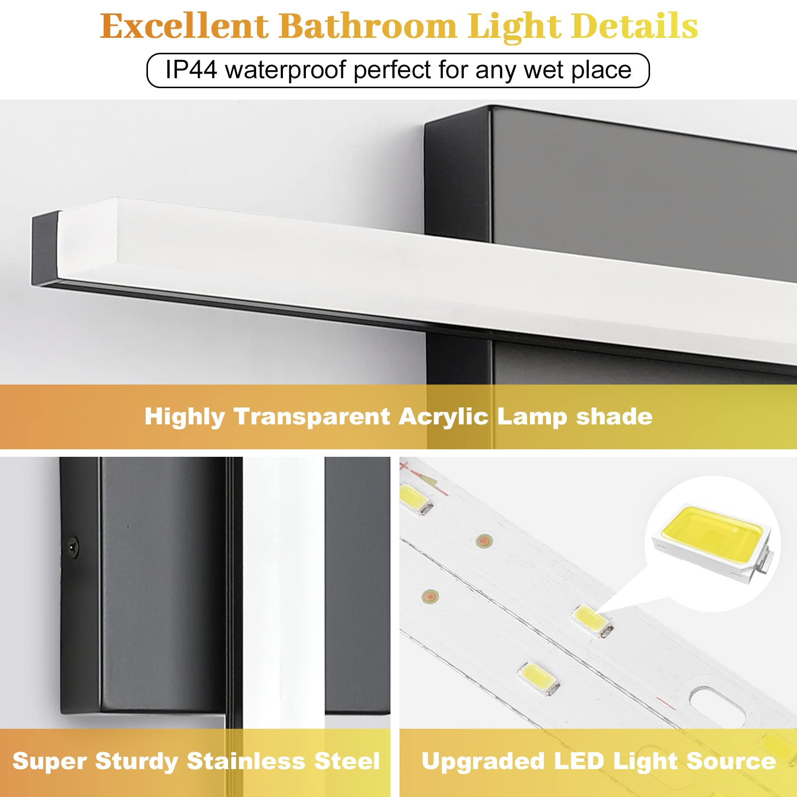 Combuh Led Bathroom Vanity Light Bar 16 Inch 9W Black Ip44 Over Mirror Lighting Fixture Wall Sconces Indoor Modern Cool White 60