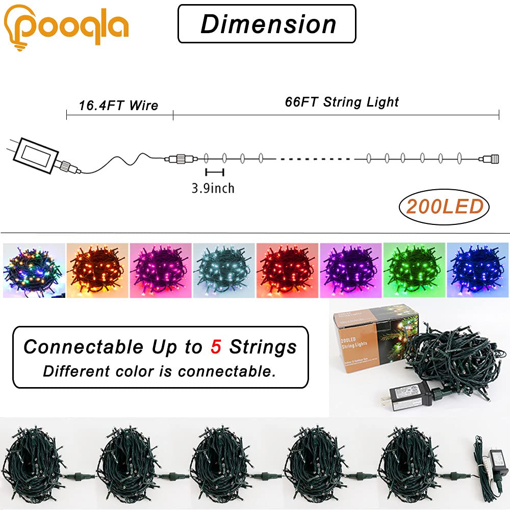 Pooqla Warm White Christmas Lights, 200 Led 66 Ft Twinkle Fairy String Lights With For Indoor Outdoor Decor, 8 Modes Connectable