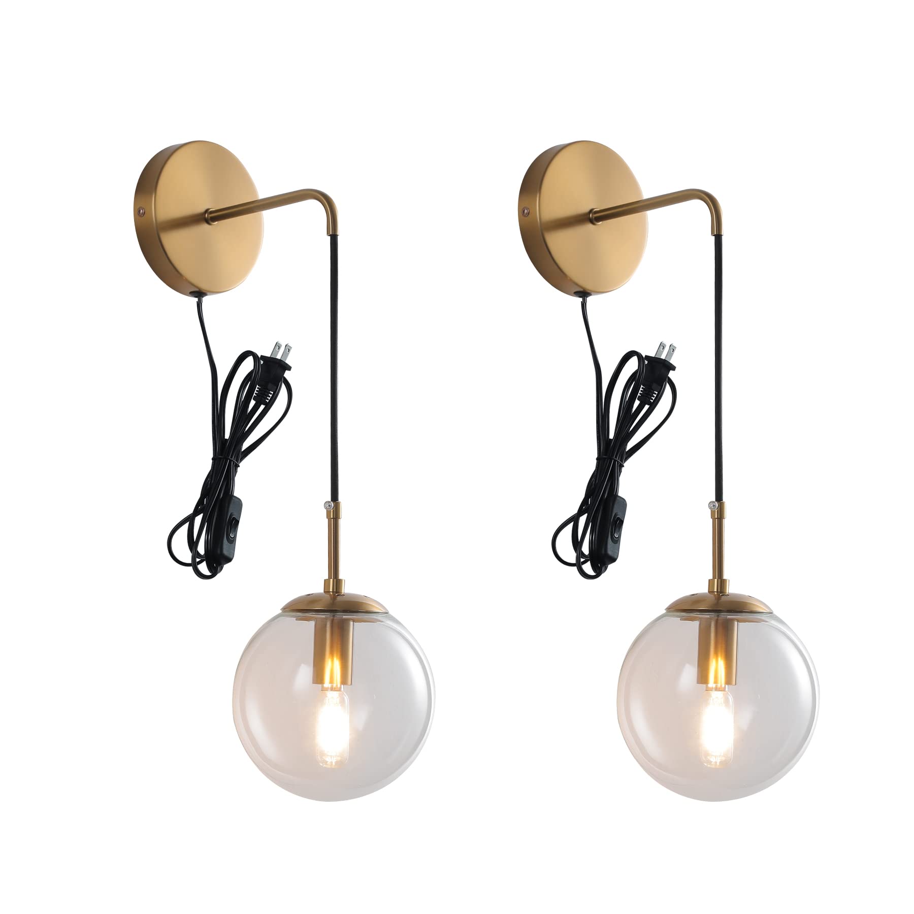 KUZZULL Wall Sconces Set of Two Plug in Wall Sconces Brushed Brass Gold Wall Lamp with Cord Wall Sconce Plug in with Globe Clear