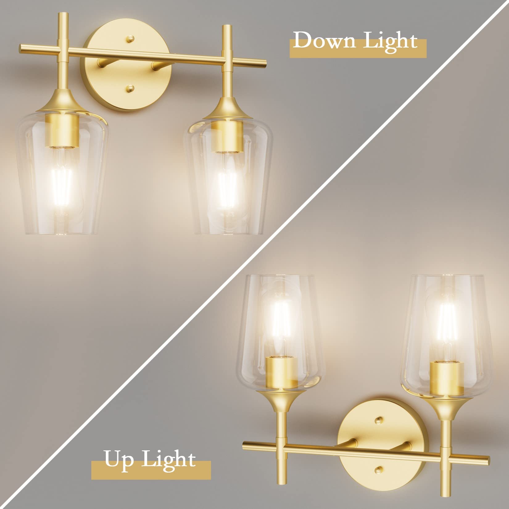 Ralbay Gold Bathroom Light Fixtures 2-Light Glass Wall Sconce Vanity Lighting Model 2031