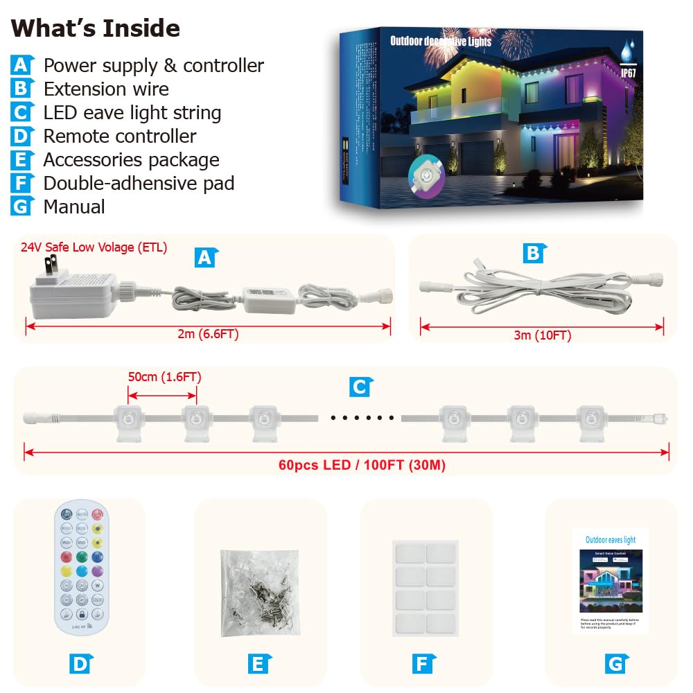 100Ft Permanent Outdoor Light  Smart Rgb Plus Ic Outside Lights For House  App/Remote Control String Light  Work With Alexa  Ip67 Waterproof Led Strip For Daily Party Christmas All Holiday Decor