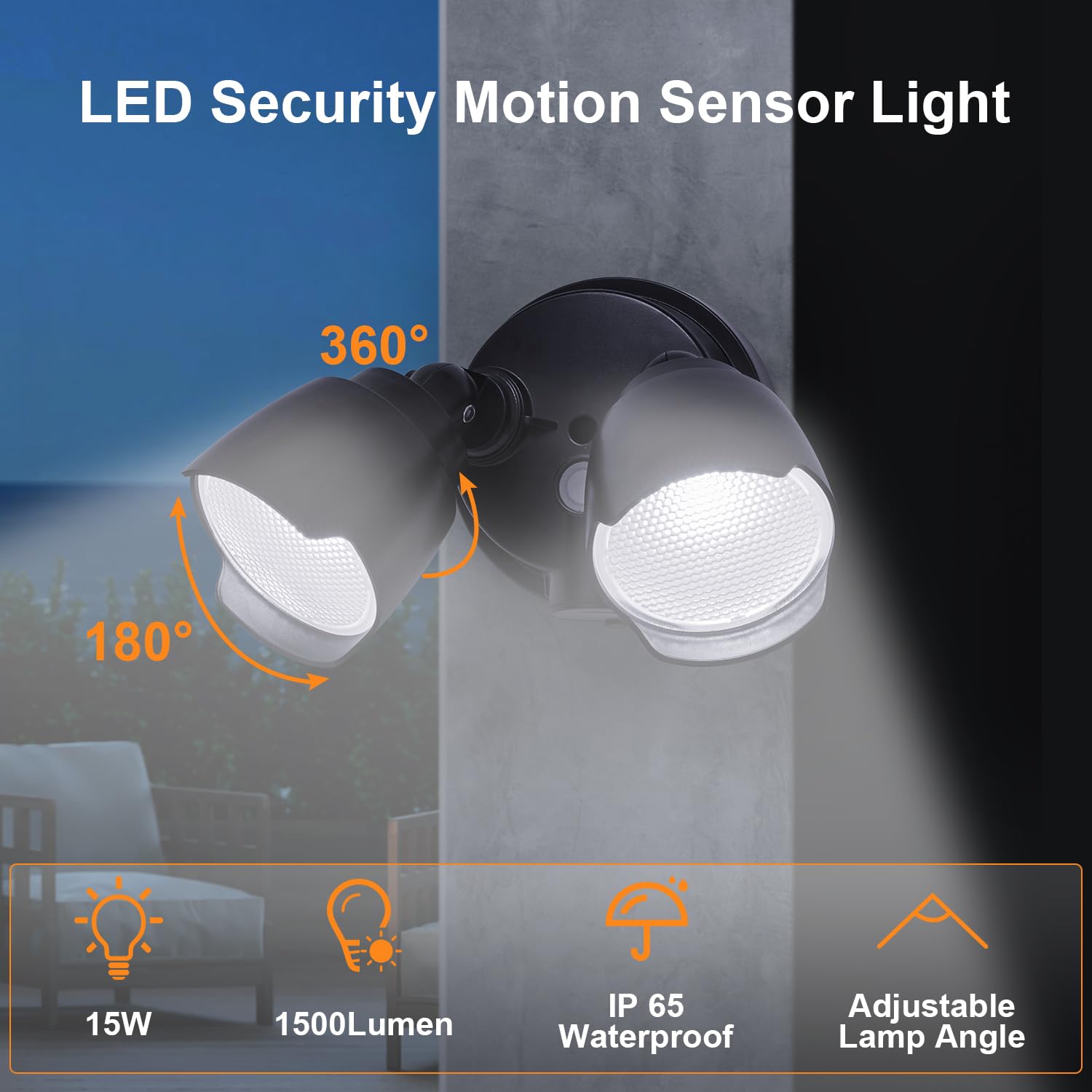 Celavy 15W Led Flood Light Outdoor, 1500 Lumen Exterior Security Lights, 3000K/5000K Light, Ip65 Waterproof, Dual-Head Wall/Eave Mount Flood Light Energy Saving For Garage, Patio, Yard (Black)