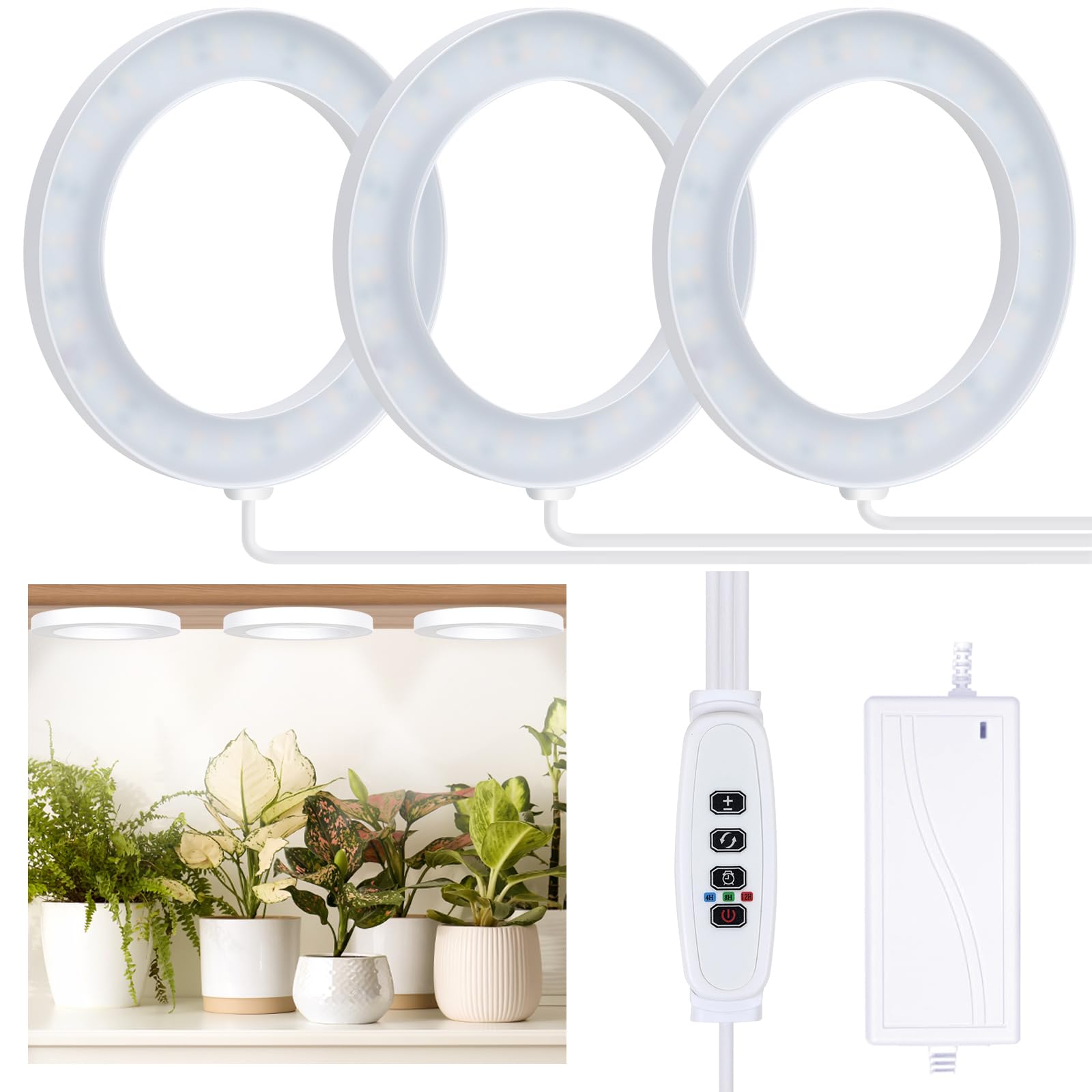 Aopeids 2025 Upgraded Full Spectrum Grow Light For Indoor Plants - 216 Leds, 3 Lighting Modes, Auto On/Off Timer (4/8/12H), 10-Level Dimmable Halo Small Plant Lights (White, 6.3Inch Tri Head)