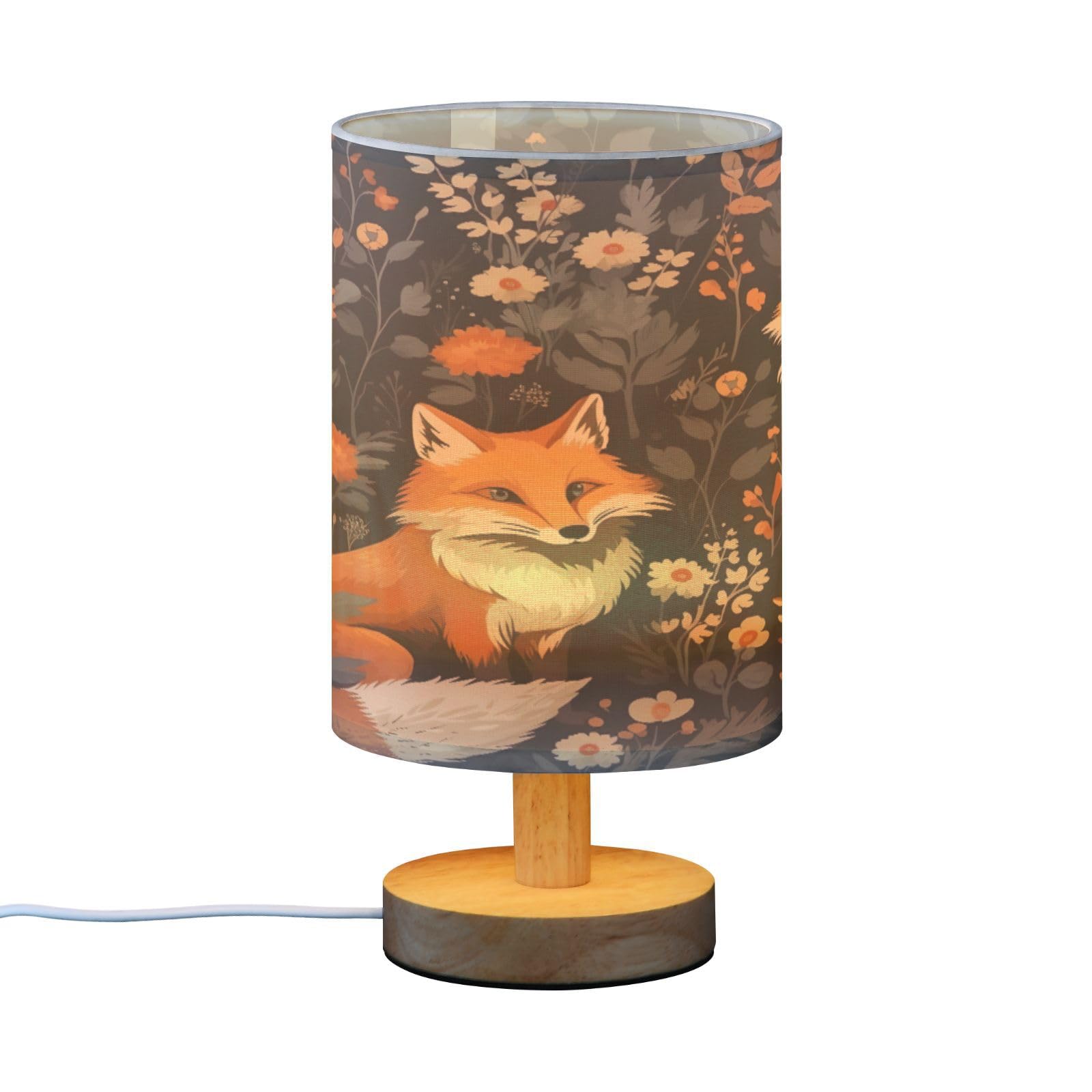 Goodold Cute Foxes Led Table Lamp - Modern Minimalist Bedside Lamp With Round Flaxen Fabric Shade For Nightstand, Perfect For Be