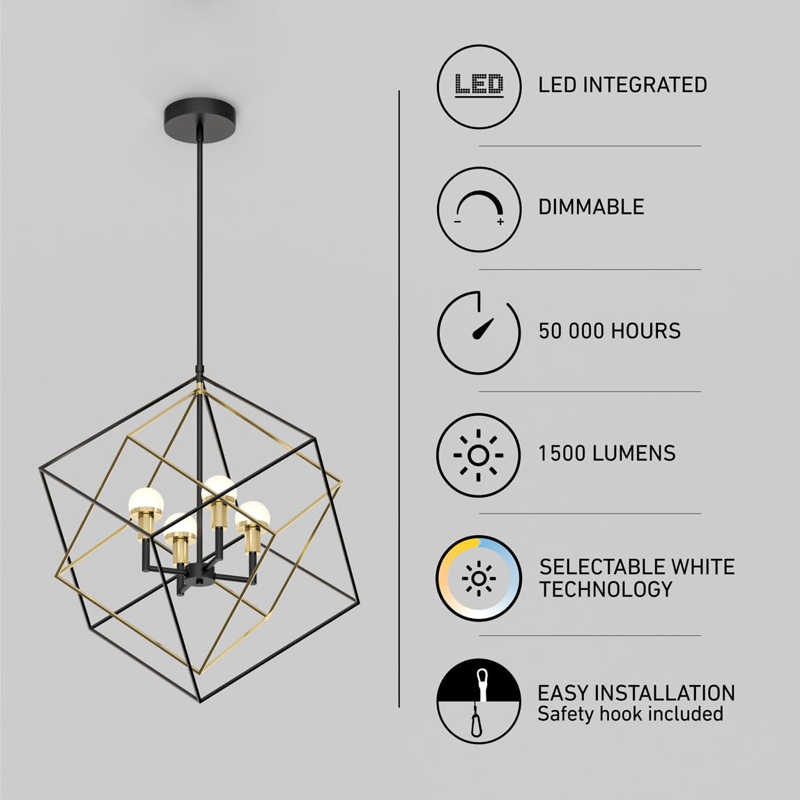 Artika Peyton 15W Led Chandelier, Black & Gold, Modern 4-Light, Tunable White 3000-5000