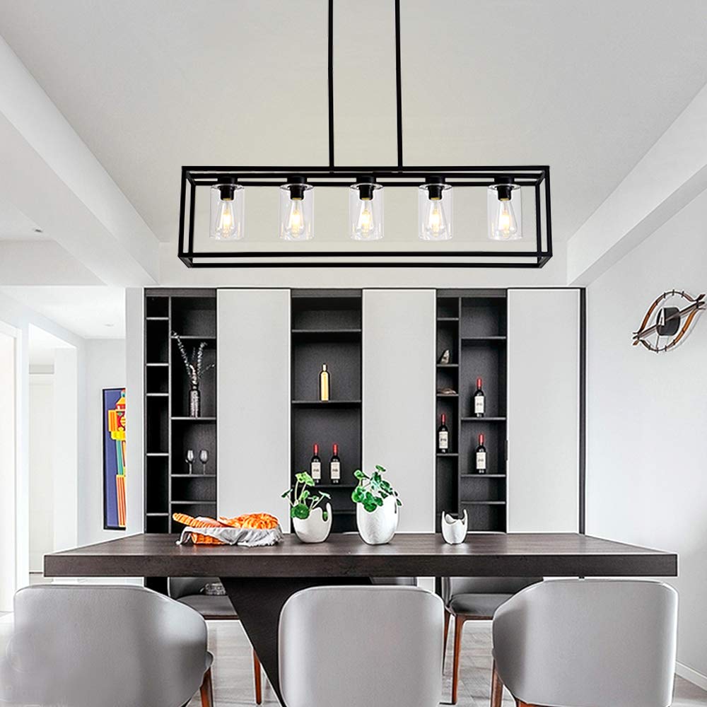 Xilicon Black 5-Light Farmhouse Pendant Lighting Fixture With Glass Shade For Dining Room