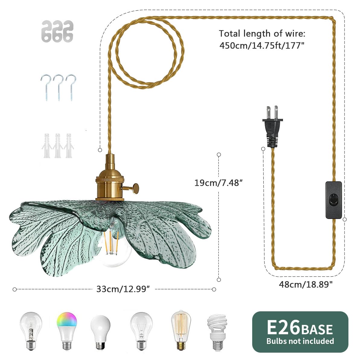 Auwieou Modern Brass Pendant Light with Dark Green Glass Shade, 14.75ft Plug-in Cord, Ideal for Kitchen and Dining Room