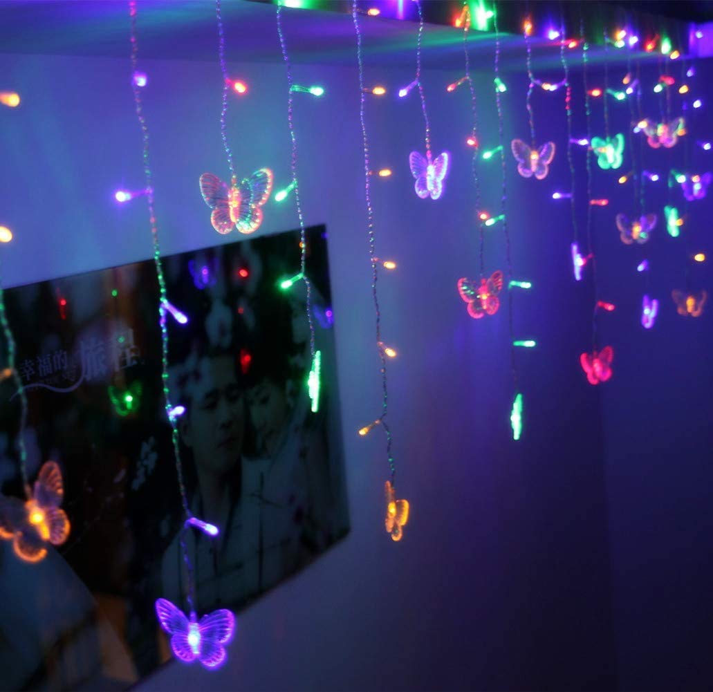 BJYHIYH Curtain Fairy Lights 4.9ft x 1.6ft 8 Modes LED Butterfly Twinkle Lights Curtain String Lights for Bedroom Weddings Christmas Tree Decoration(Colored)