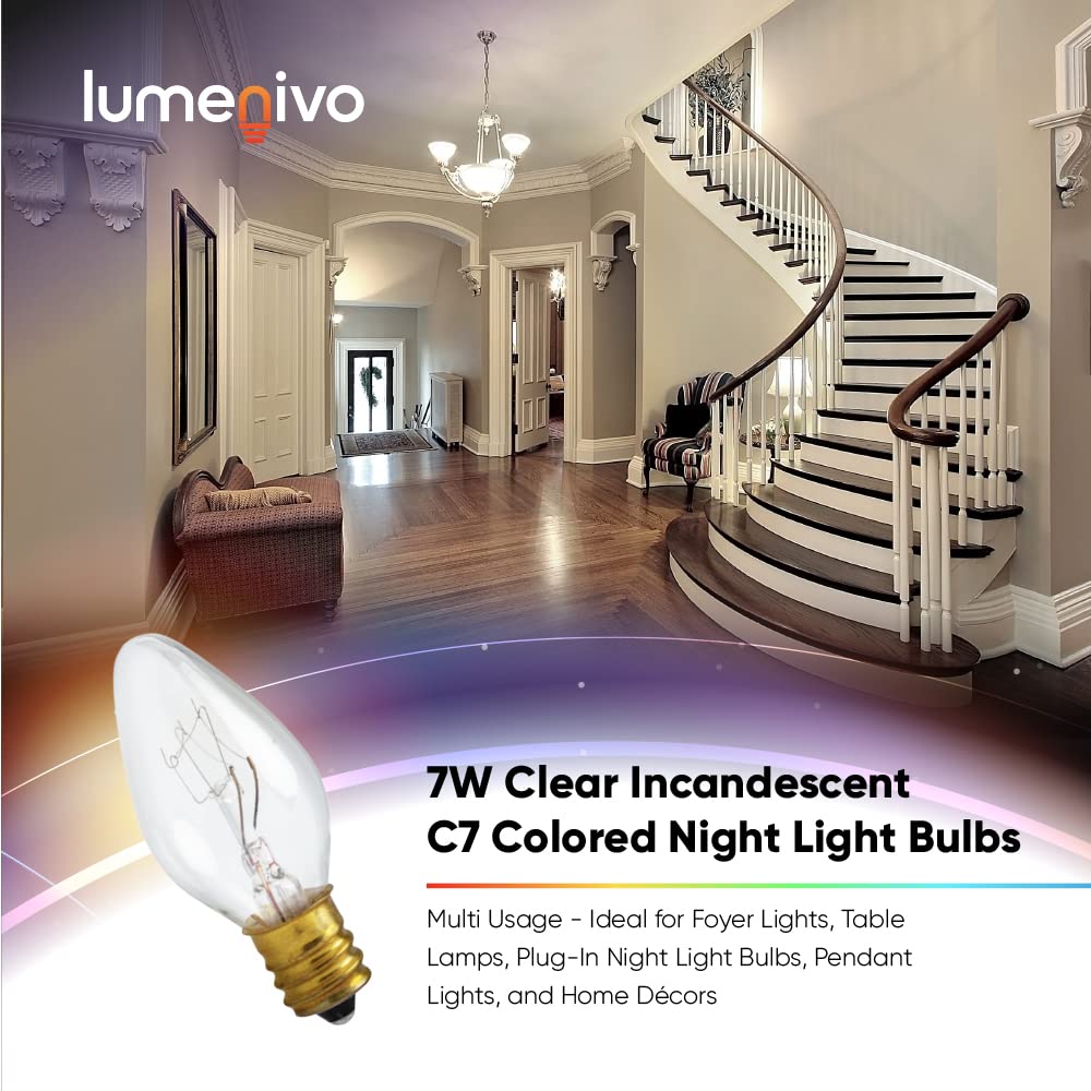Lumenivo 7 Watt Clear Incandescent C7 Colored Night Light Bulbs 7W C7 Christmas Village Light Bulbs Candelabra Base Clear Bulbs