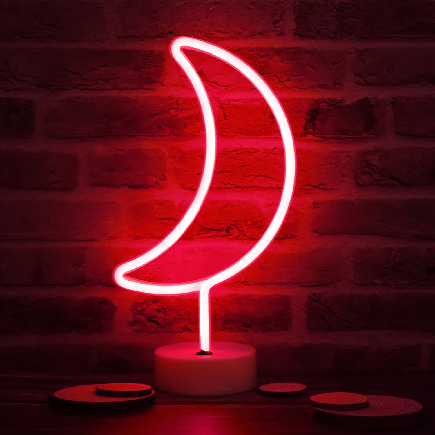 LED Moon Neon Signs, Crescent Night Lights USB Battery Operated Moon Lamp for Birthday Party, Wedding, Halloween, Christmas Decorations-Moon with Holder Base(Red)
