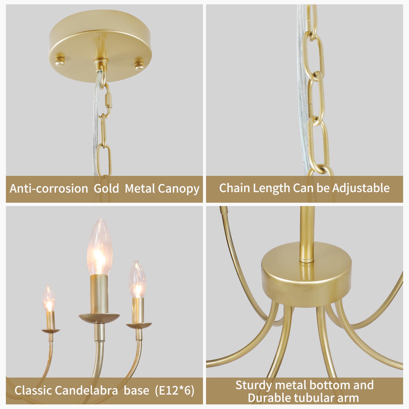 Rviezza 6-Light Gold Chandelier, Metal Candle Fixture for Dining Room, Bedroom, Foyer, Rustic Industrial Modern Design