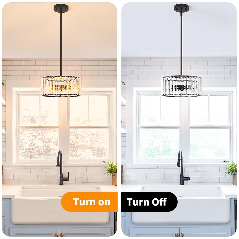 Black 3 Light Crystal Chandelier  Modern Dining Room Light Fixture Over Table  Round Kitchen Lighting Fixture  Farmhouse Semi Flush Mount Ceiling Pendant Light For Living Room Bedroom Hallway Entryway