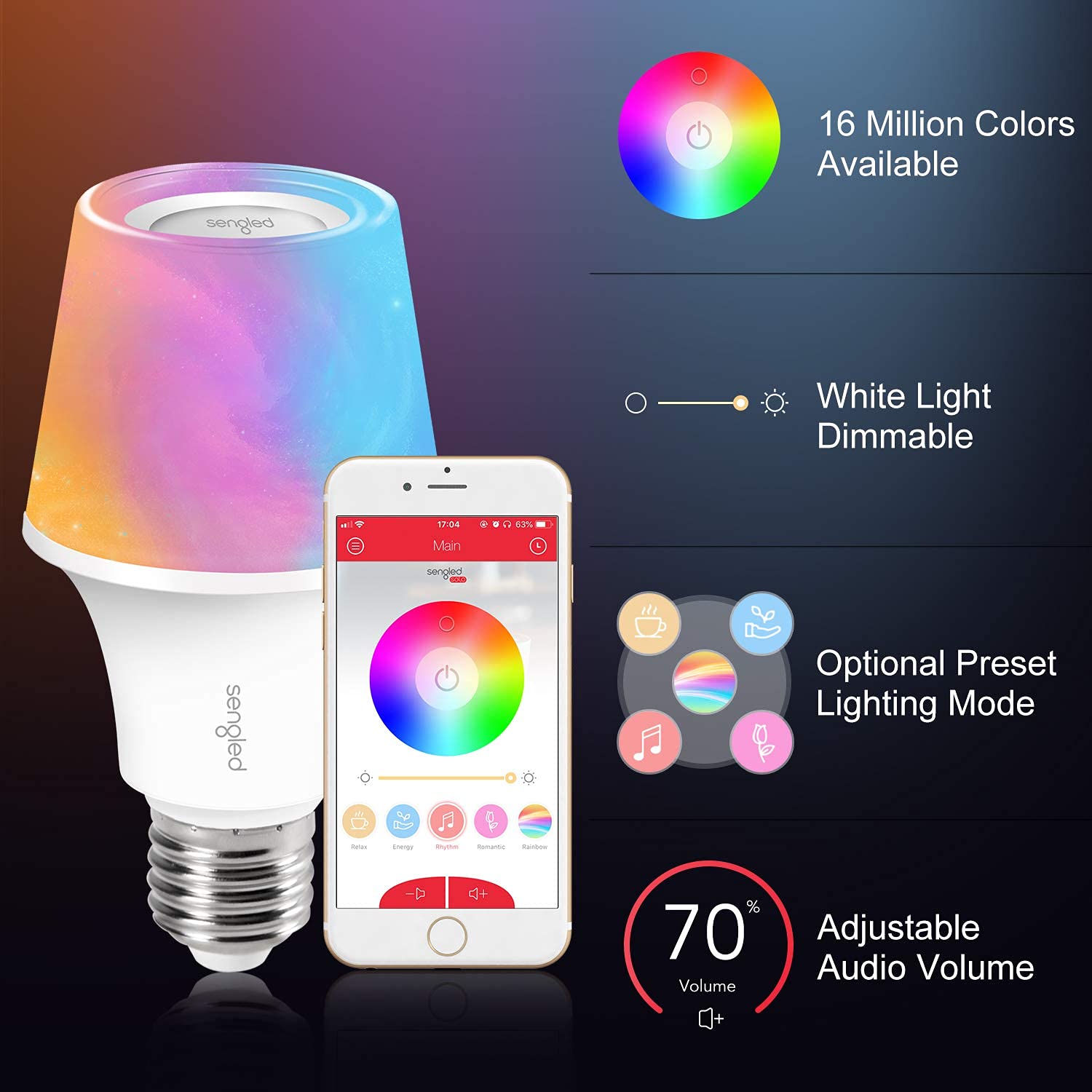 Sengled RGBW Bluetooth Light Bulb Speaker - 60W Dimmable Smart Bulb, App Controlled, 16 Million Colors, E26, Model S21-N15WA