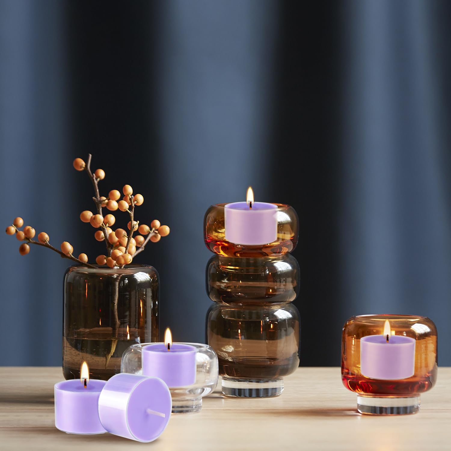 Wfmolcand Lavender Scented Tealight Candles, 50 Pack, Purple Wax, 8 Hour Burn Time, Clear Cup, Ideal for Weddings and Events