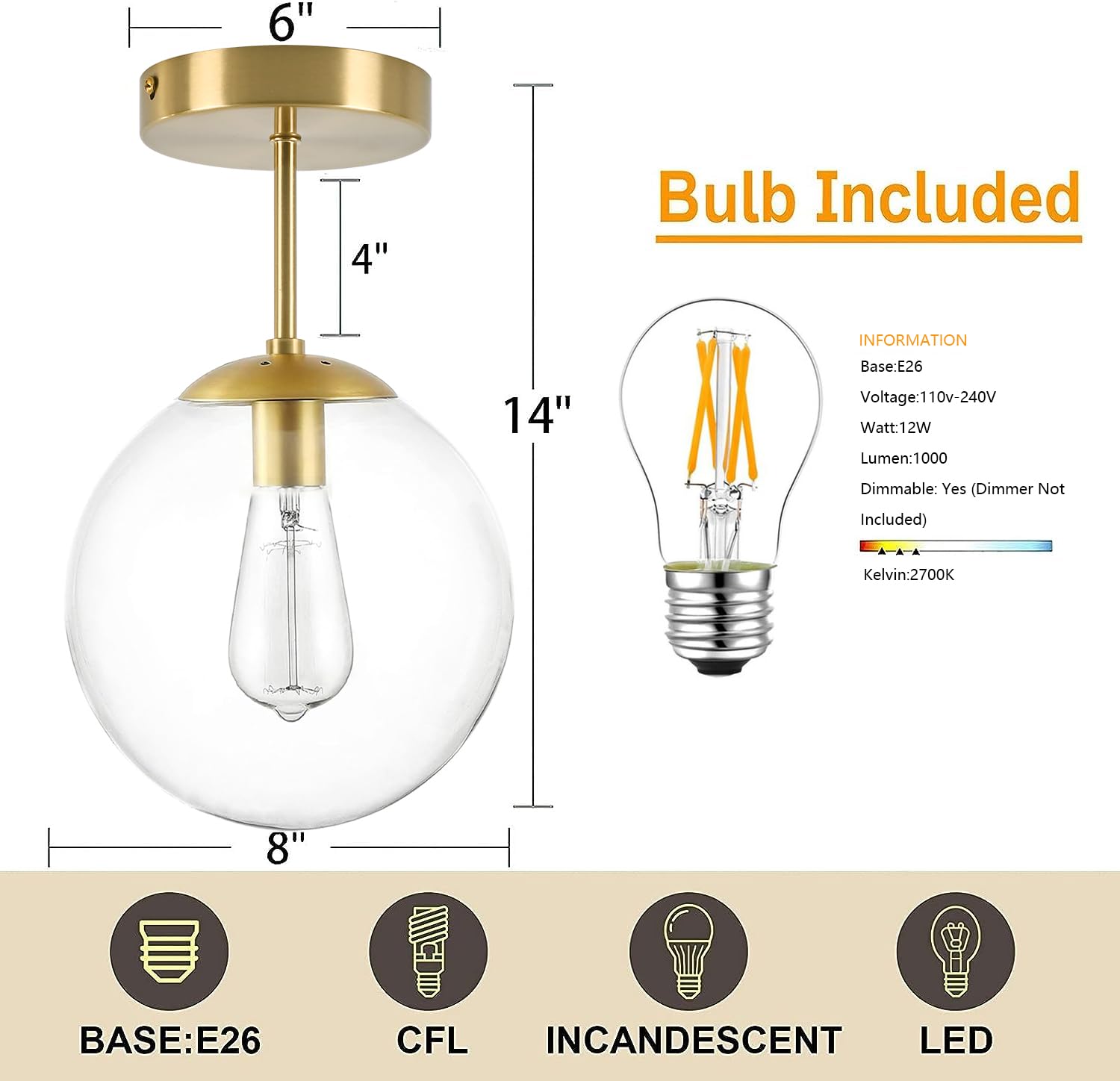 Bagood Globe Semi Flush Mount Ceiling Light, Clear Glass With Brass Finish, Contemporary Mid Century Modern Style Lighting Fixtu