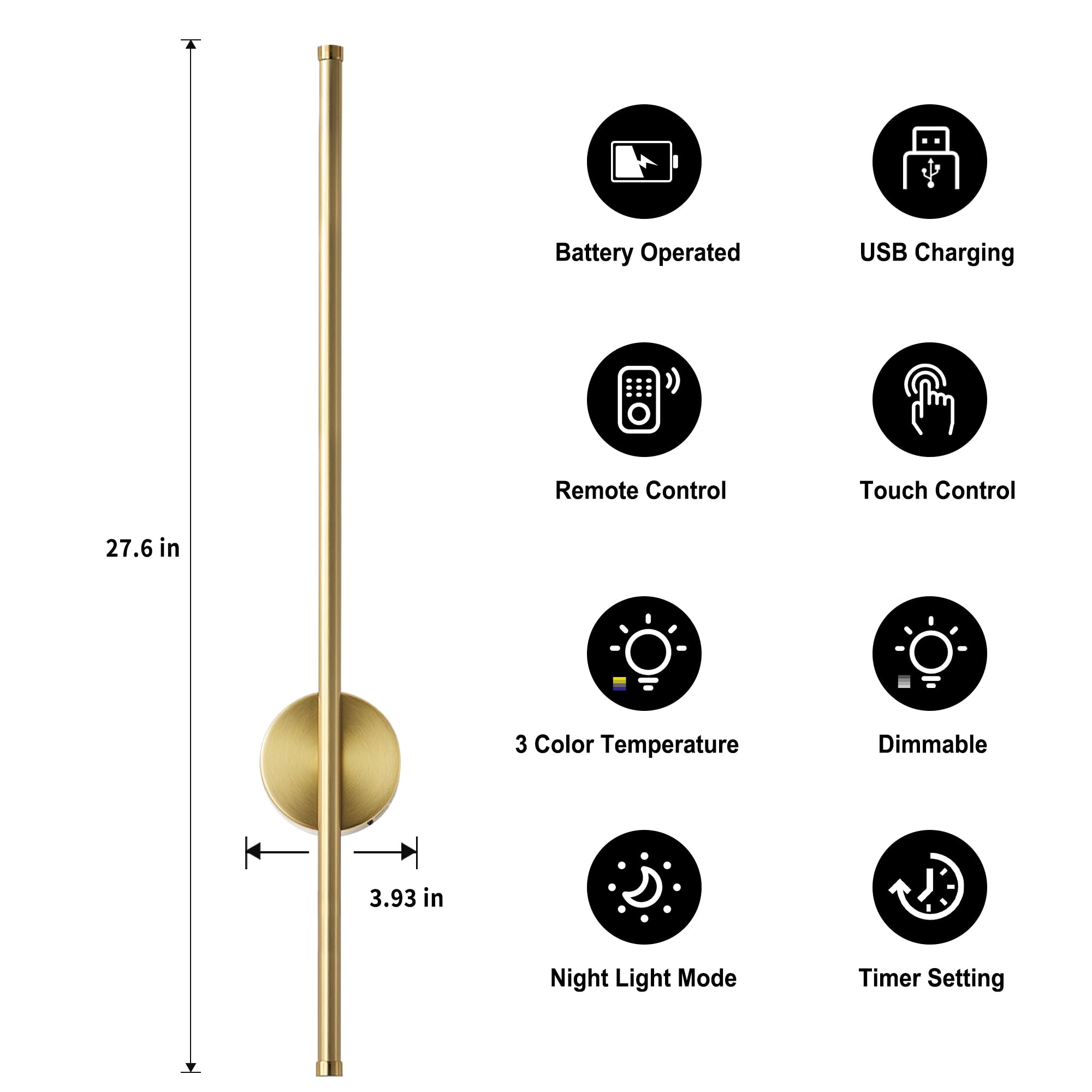 KARTOOSH Battery Operated Wall Sconces, Dimmable LED Light Set of Two, 27.6 Inch, Brass, Model ZM322B