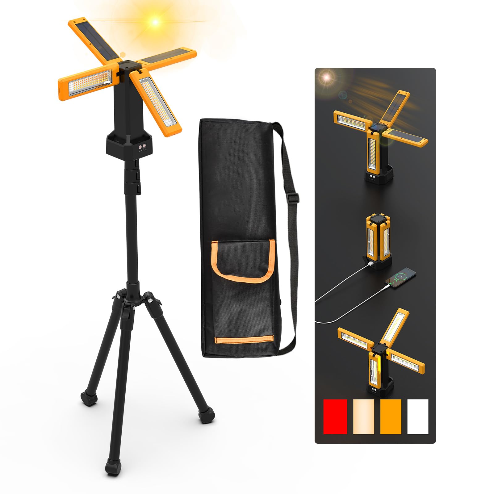 13200Mah Rechargeable Solar Work Light Ip64 Waterproof With Folding Stand And Carrying Bag, Aodoo 8000 Lumen Stepless Dimmable , White/Warm/Nature White/Red(Sos) With Detachable Tripod