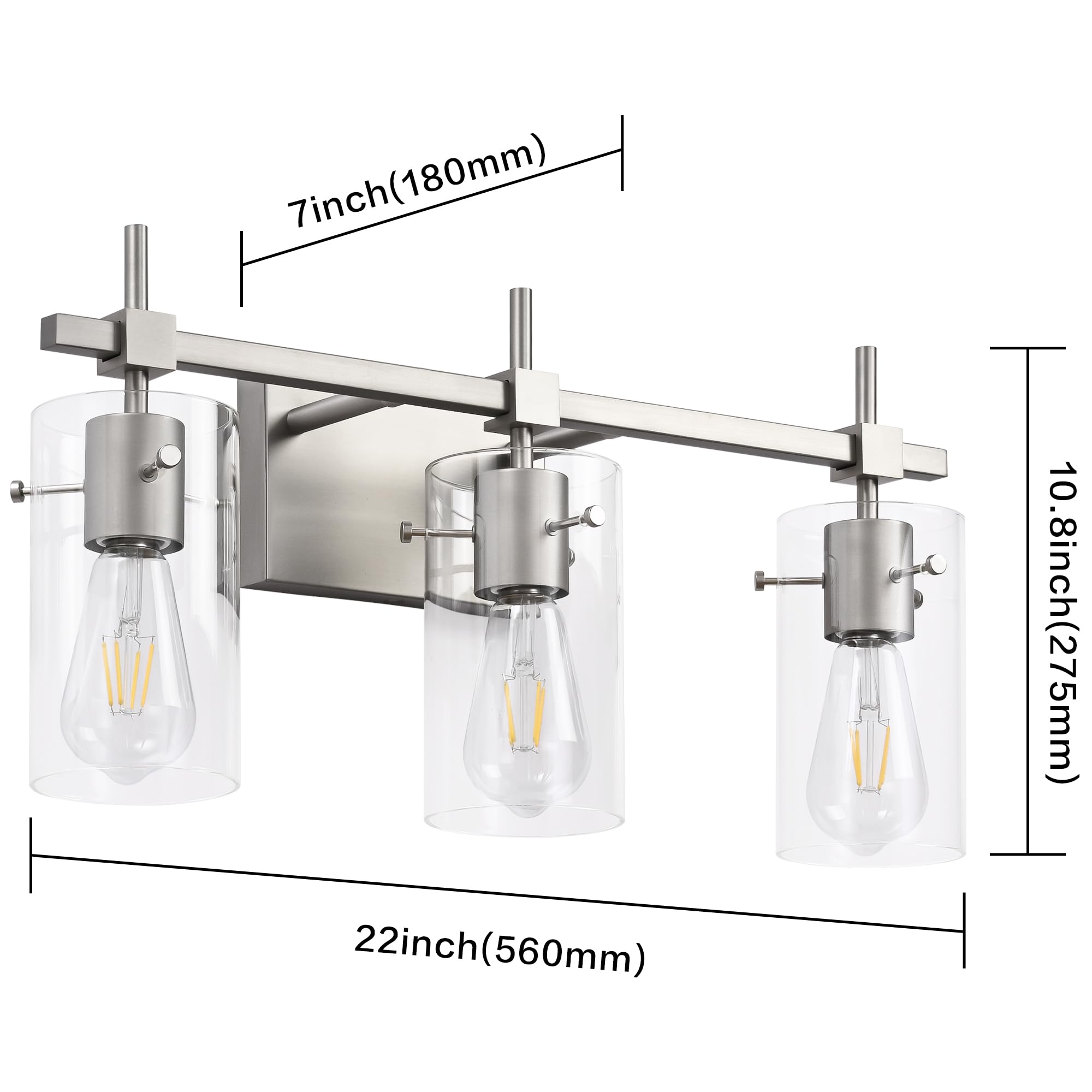 SOLFART 3 Lights Vanity Light Fixture, Brushed Nickel, Glass Shade, Model 7200-3T-NK, Vintage Bathroom Lighting Over Mirror