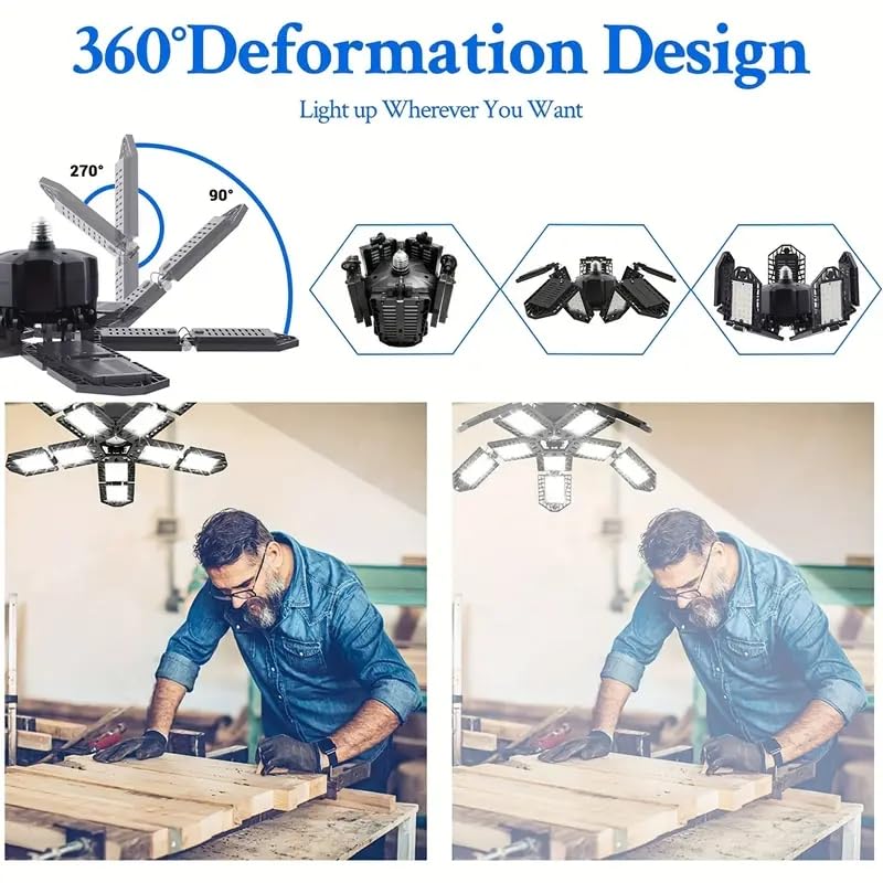 PINSAI 2 Packs LED Garage Light, 260W 26000 Lumen E26/E27 Deformable Ceiling Lamp with 10+1 Adjustable Panels, Black