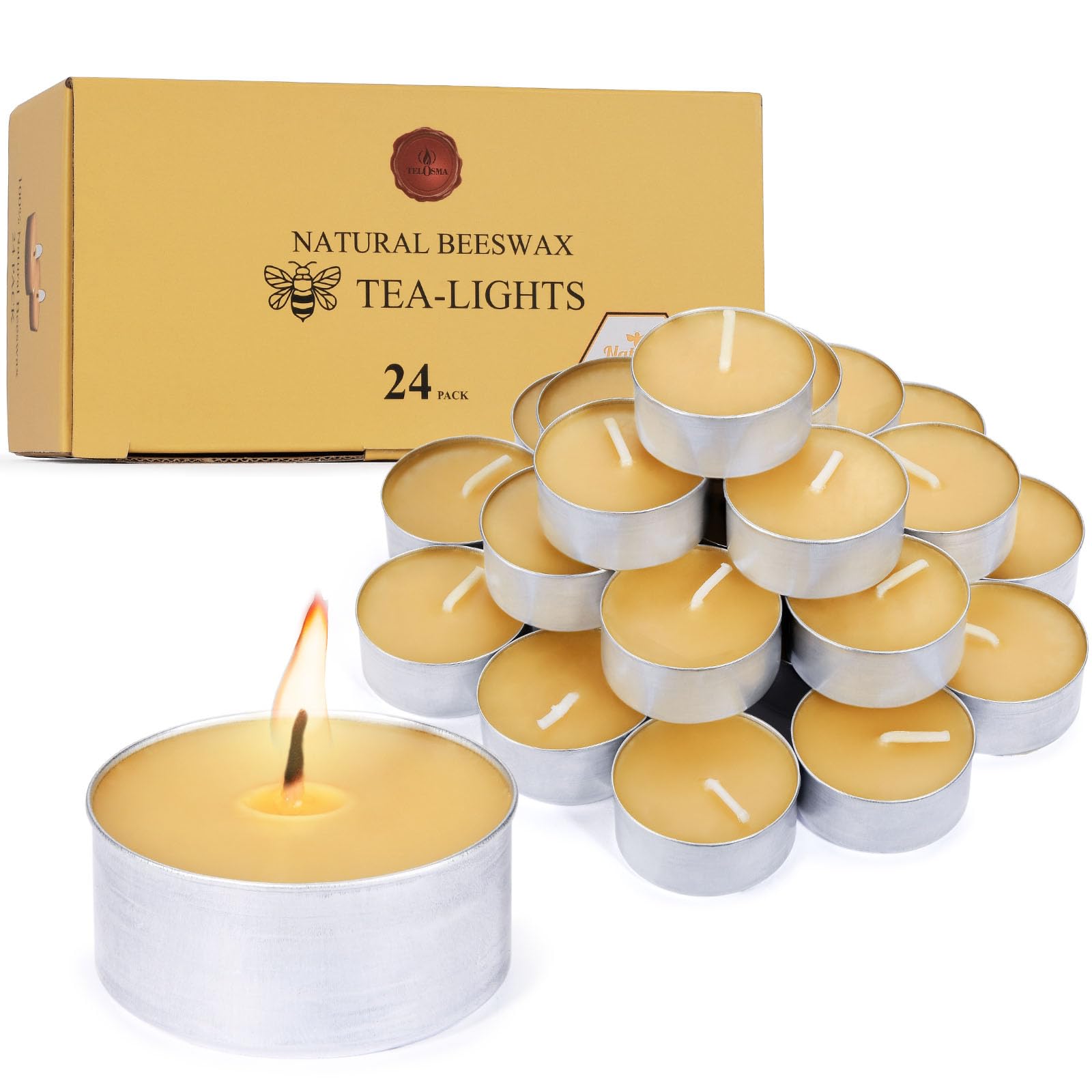 Natural Beeswax Tealight Candles in Metal Aluminum Cup - Organic Mini Candle Natural Scent Smokeless 4-5 Hours Long Burning - Yellow, Pack of 24