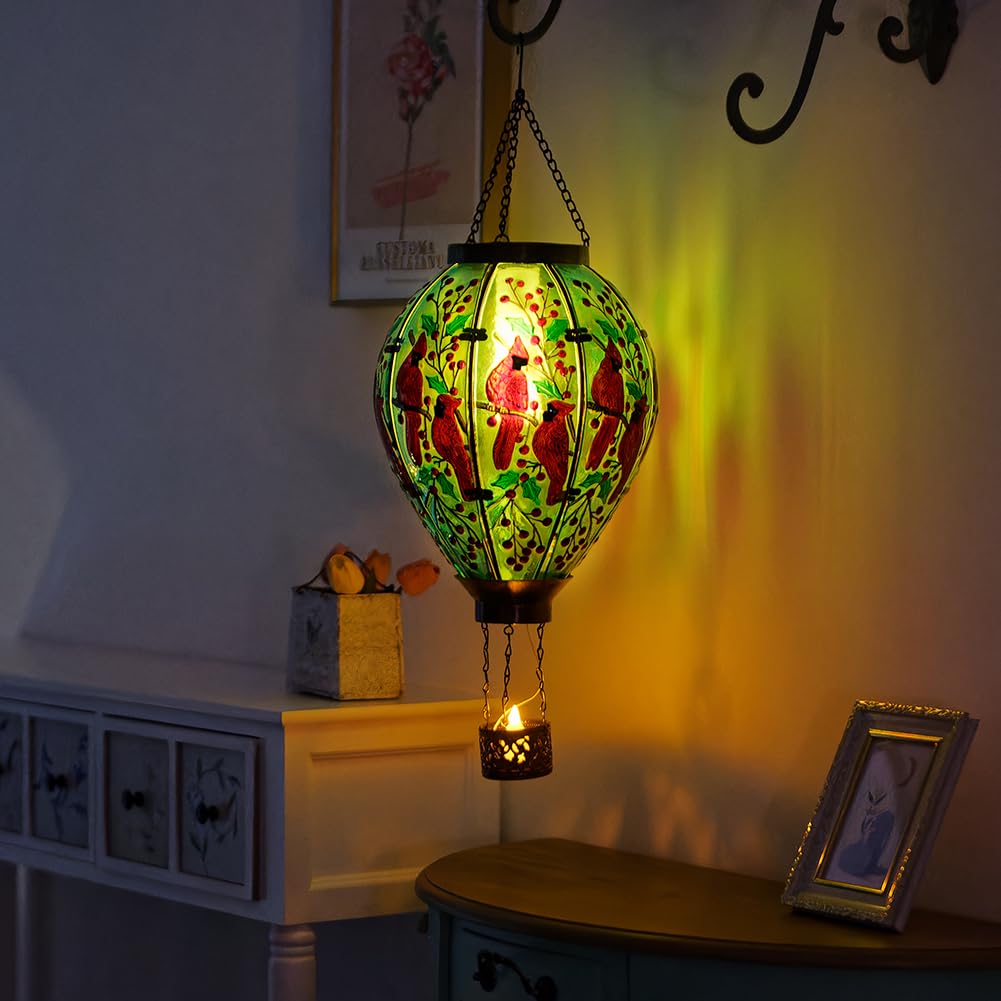 Dreamsoul Cardinal Large Solar Hot Air Balloon Lantern With Flame, Glass Hanging Solar Lanterns Outdoor Waterproof For Garden Ya
