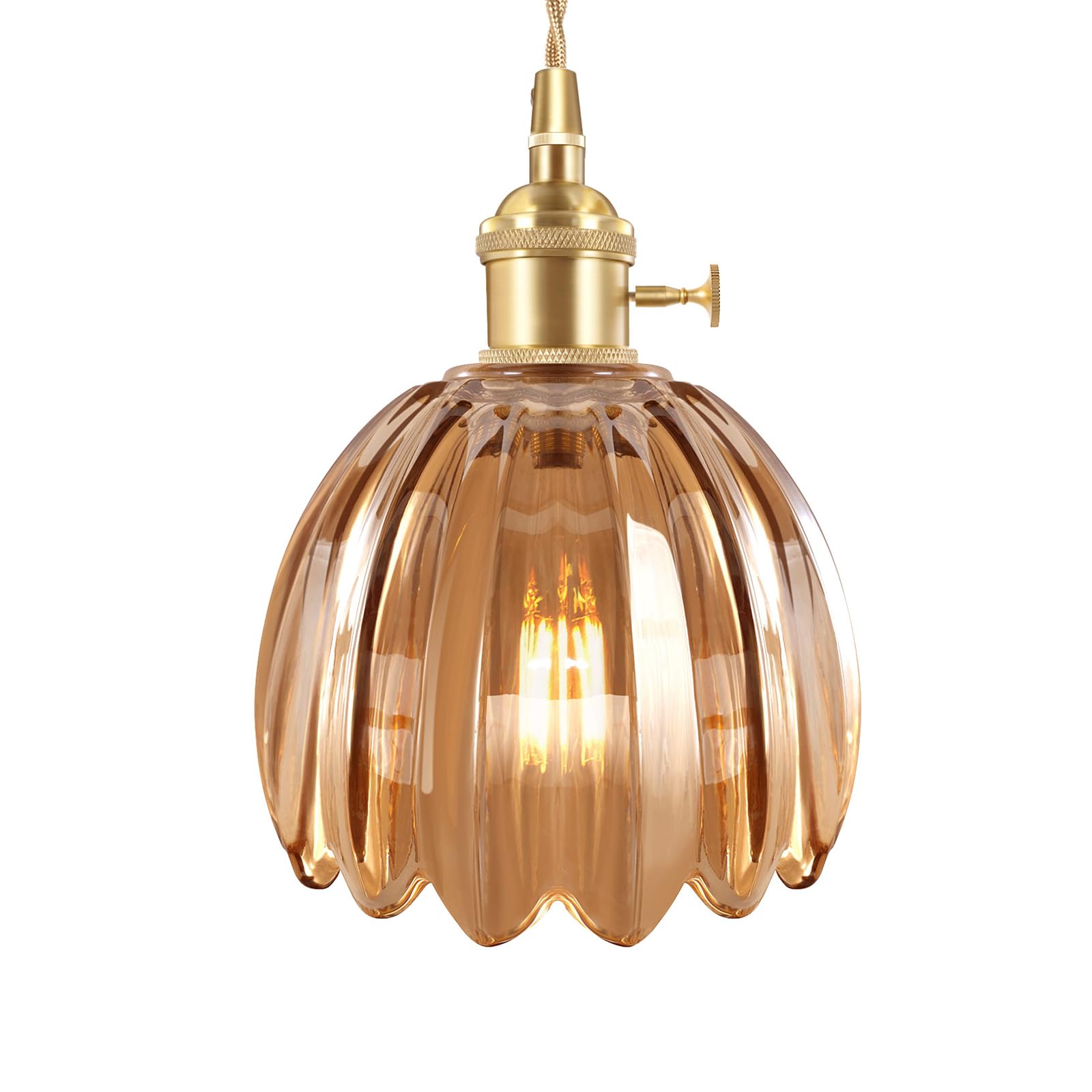 Shenmoyl Mini Pendant Light with Amber Tulip Glass Lmapshade, Brass Vintage Pendant Light Adjustable Hanging Light for Kitchen I