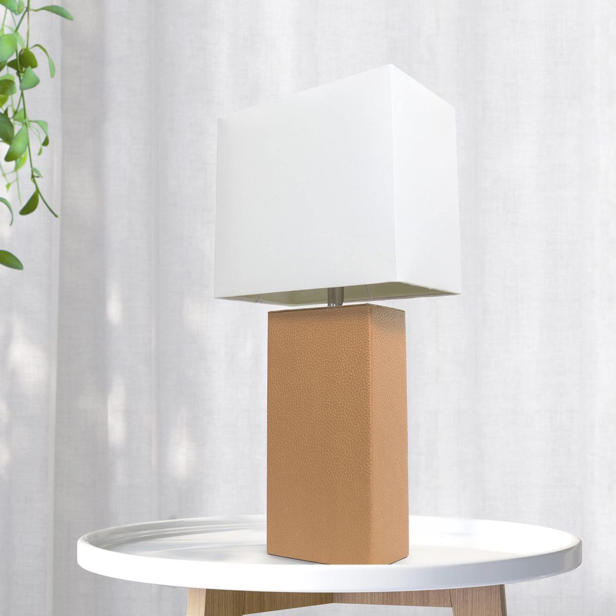 Lalia Home Beige Leather Base Modern Bedside Table Lamp With White Fabric Shade, 21&quot;
