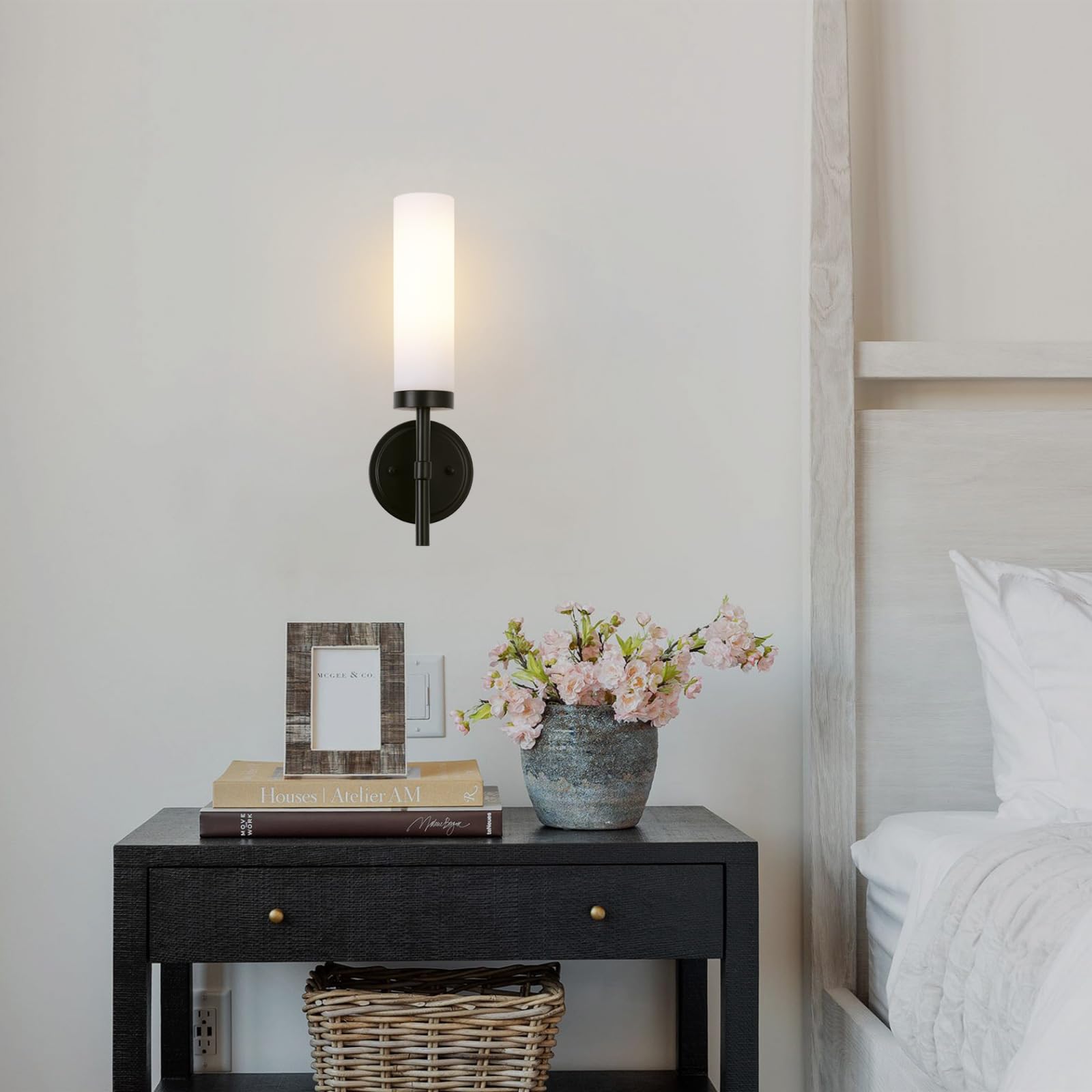SANTOSTOCK Black Wall Sconces Set of 2, Modern Metal Lighting with Opal Glass Shade, Hardwired for Living Room, Bedroom, Hallway