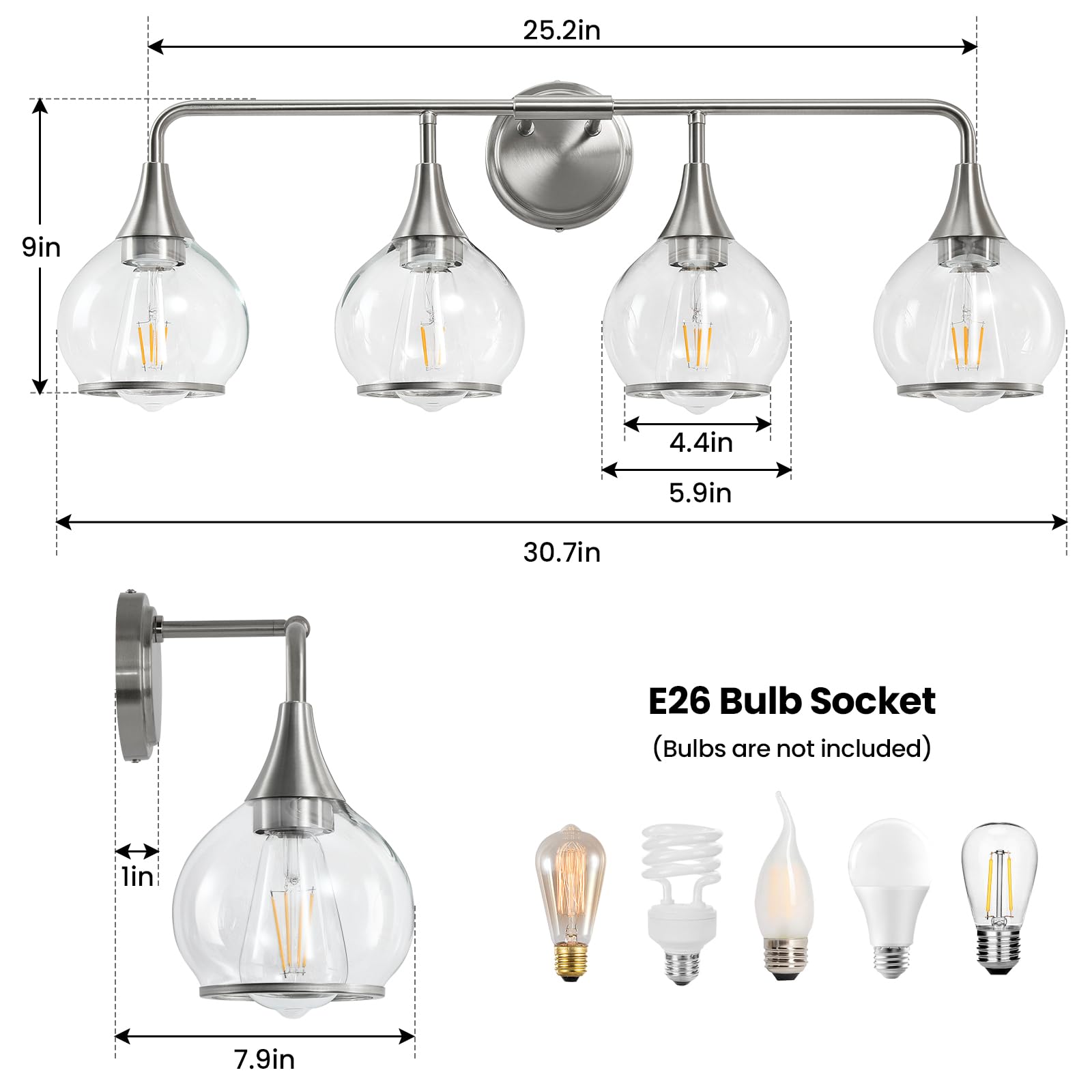 HAHZT Brushed Nickel Bathroom Light Fixture 4 Lights Wall Sconce 30.7 inch Clear Glass Shade Model 8033ML