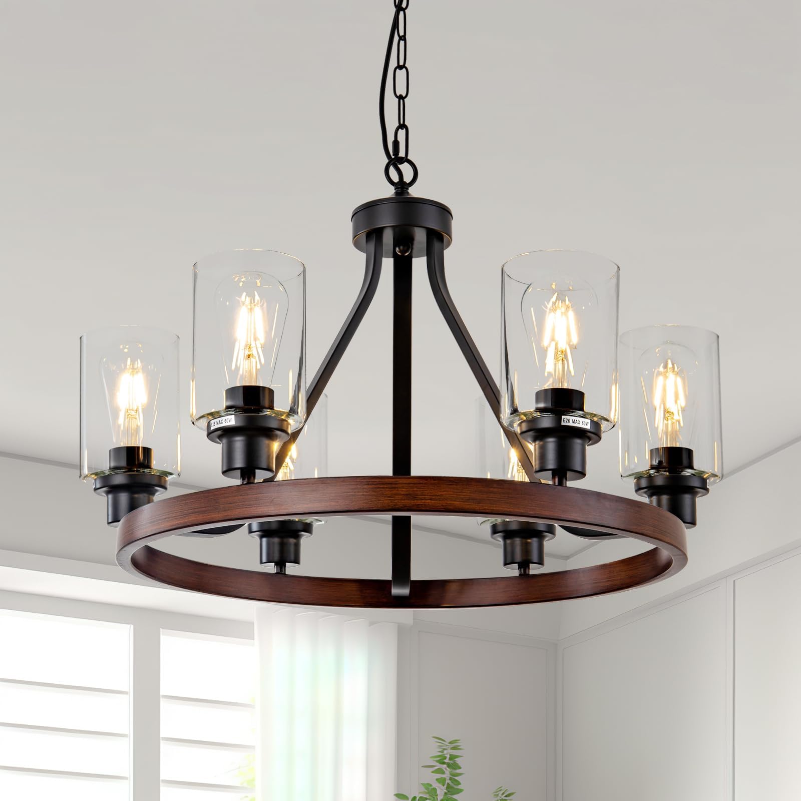 Lanhall 6-Light Chandelier, Rustic Wooden Pendant Light Fixture, Adjustable Height, Metal, Model 23927